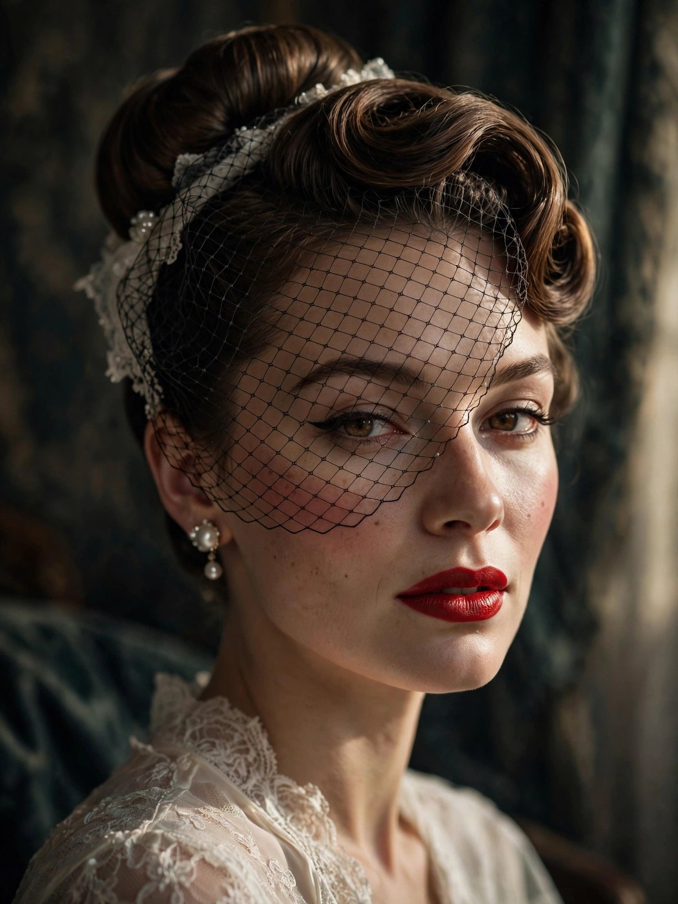 Bride with a chic high bun and a vintage birdcage veil with netting over one eye