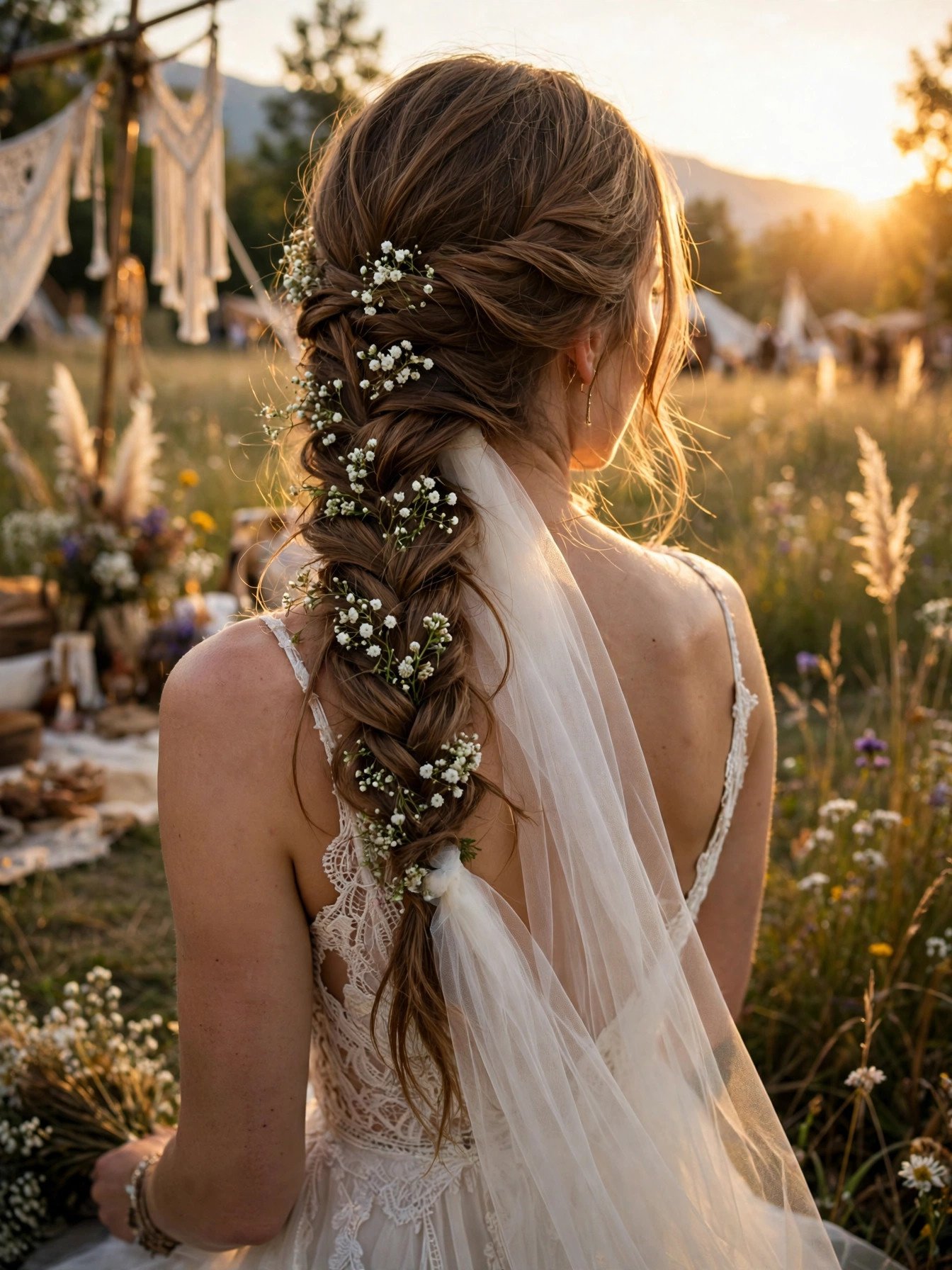Bride with a loose boho side braid with small flowers and a fingertip veil tucked under the braid