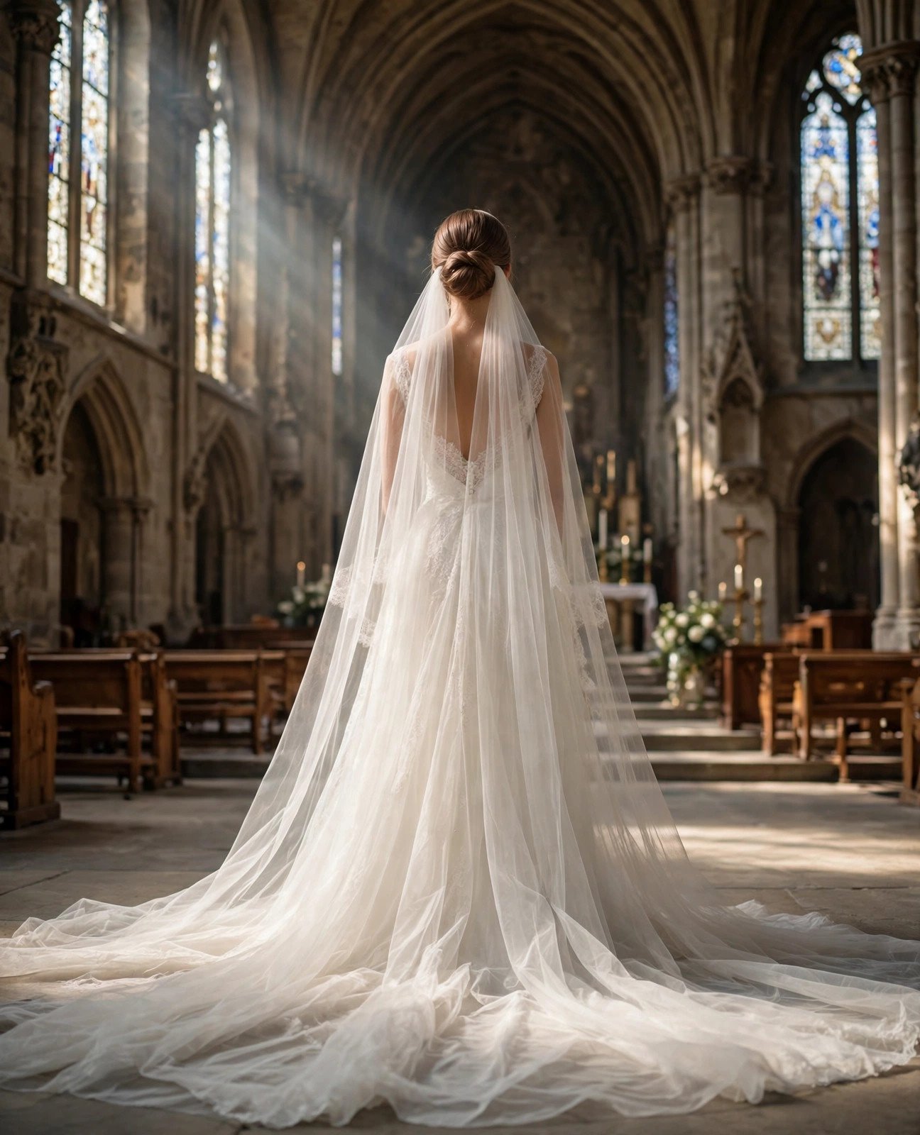 Bride from behind with a simple low bun and a dramatic cathedral-length veil flowing to the floor