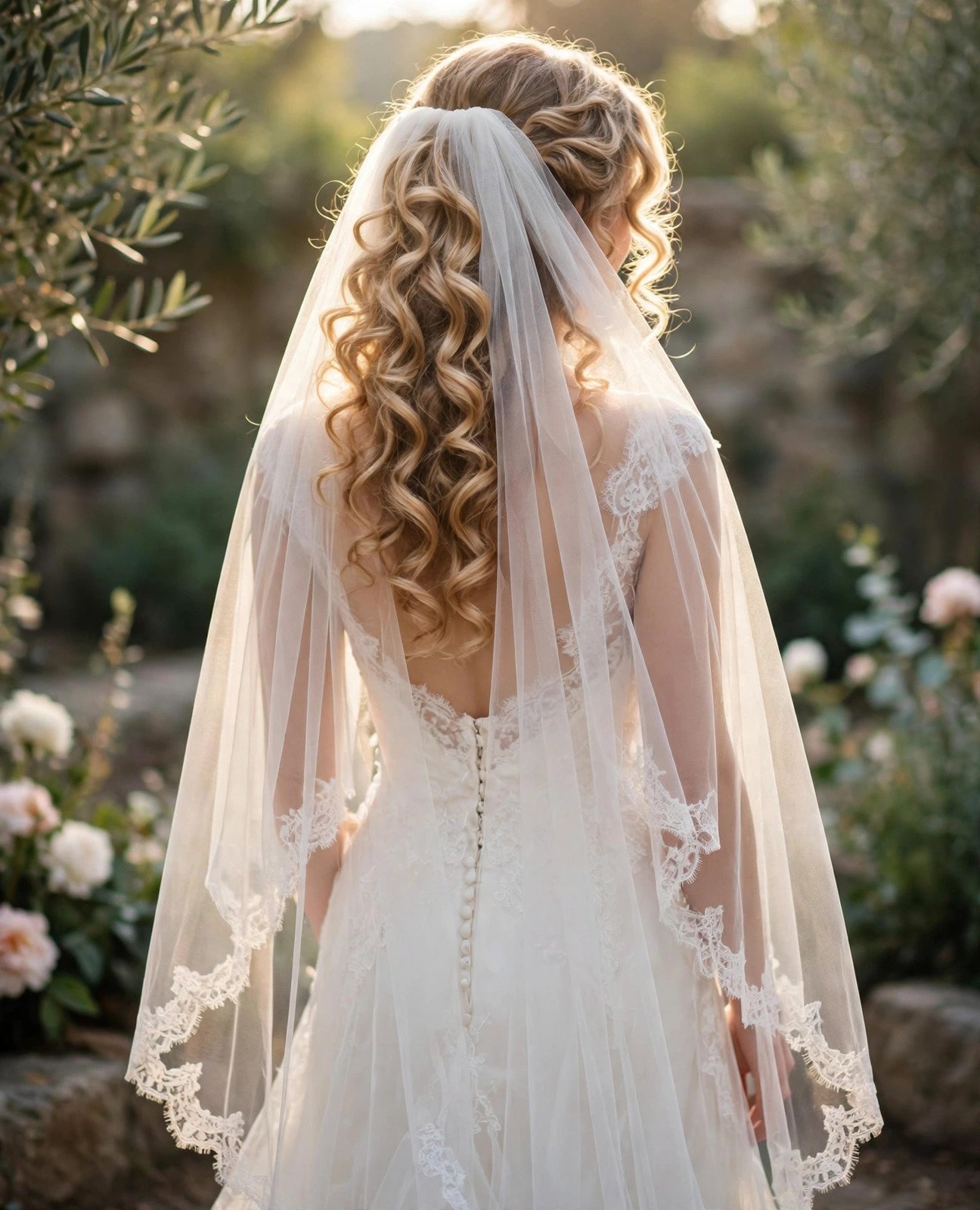 Bride with soft romantic curls and a classic fingertip-length veil with lace edging