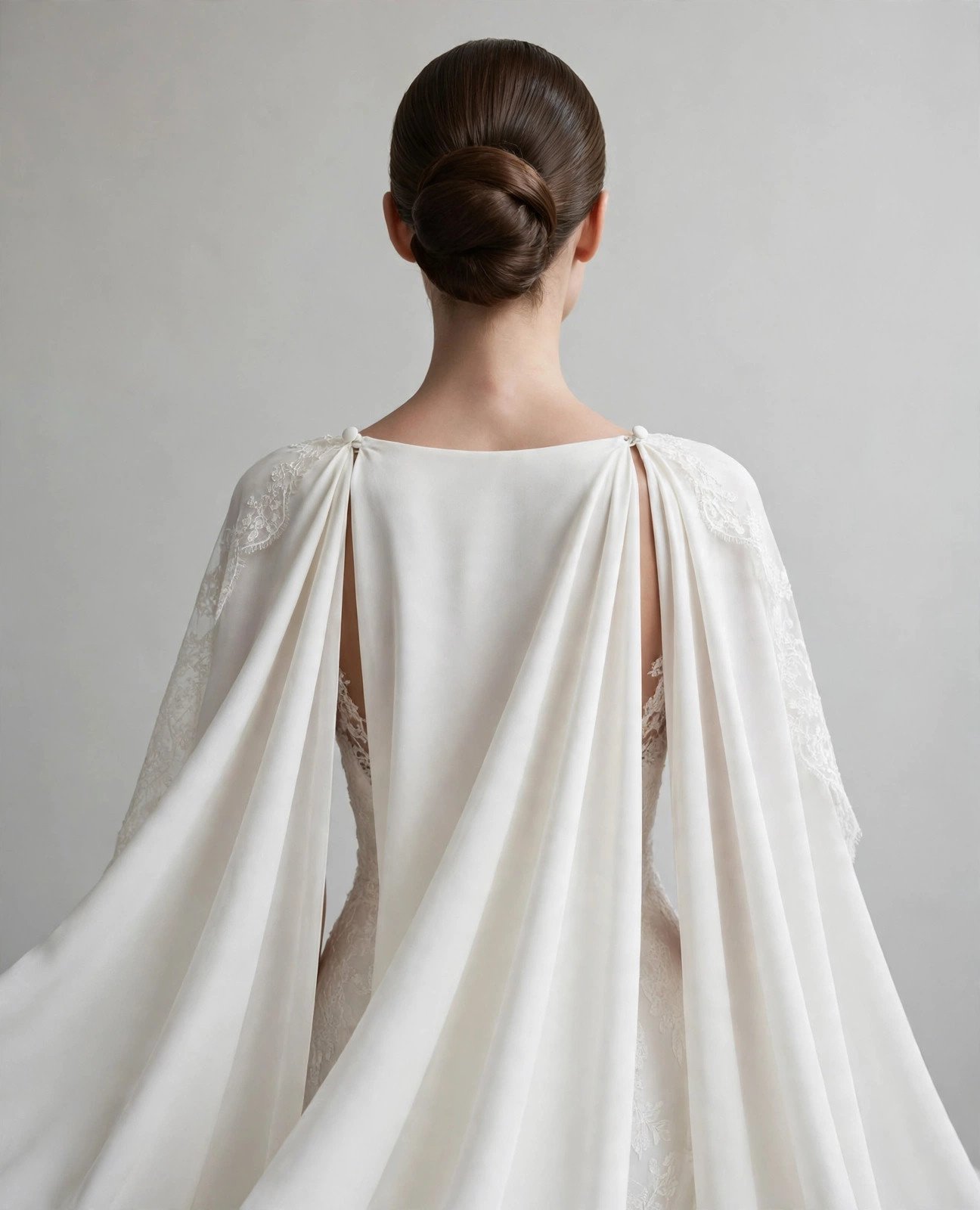 Bride wearing an elegant bridal cape instead of a traditional veil with a sleek updo
