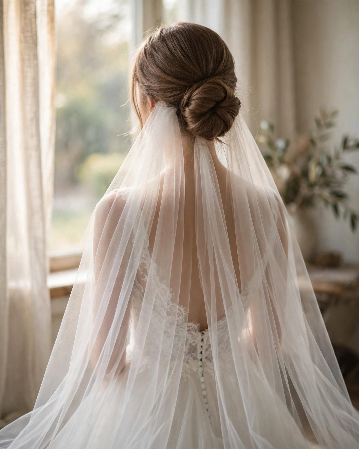 Bride seen from behind with an elegant low chignon hairstyle and a long flowing veil cascading down her back