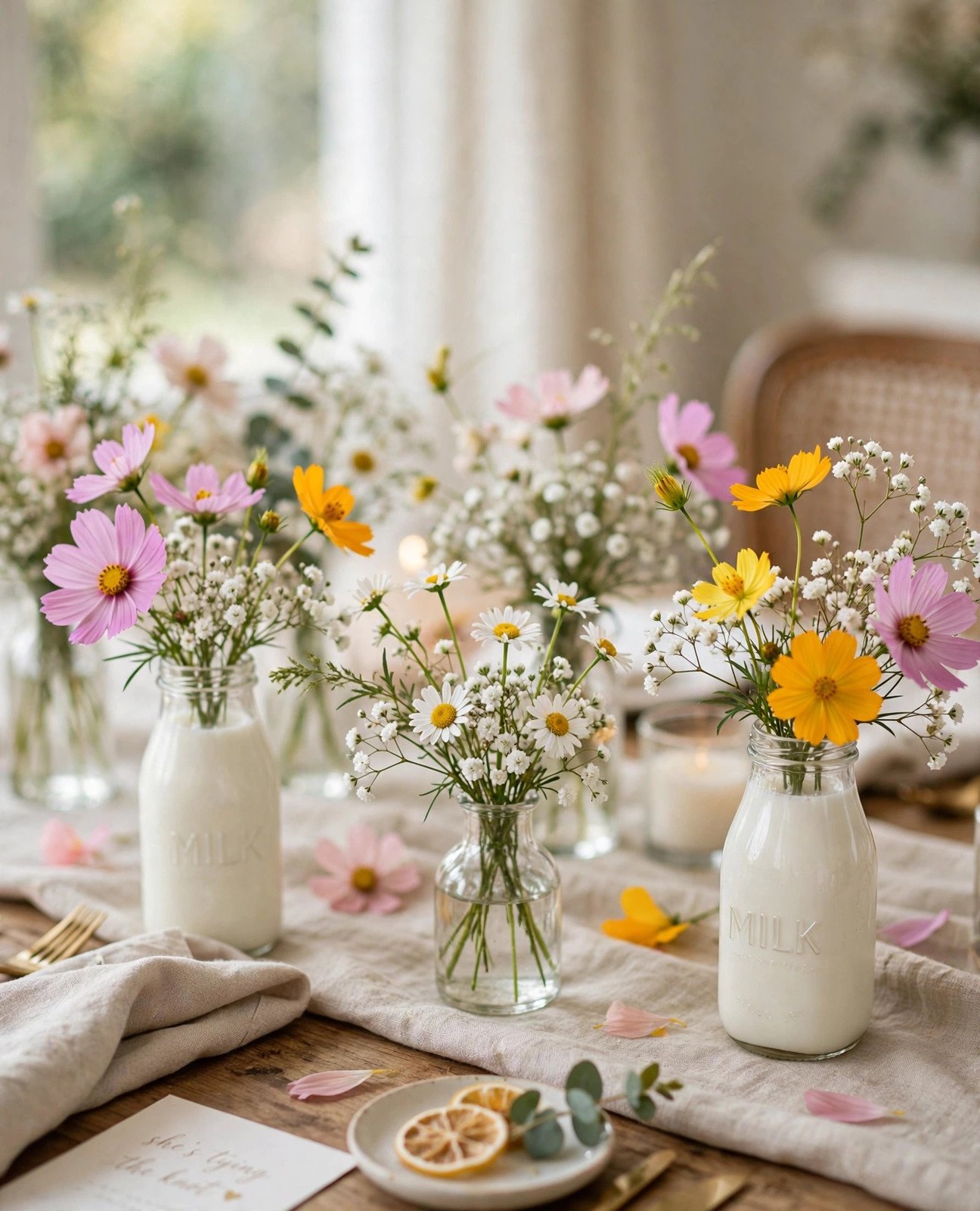 Loose wildflower centerpieces in glass vases on a bridal shower table