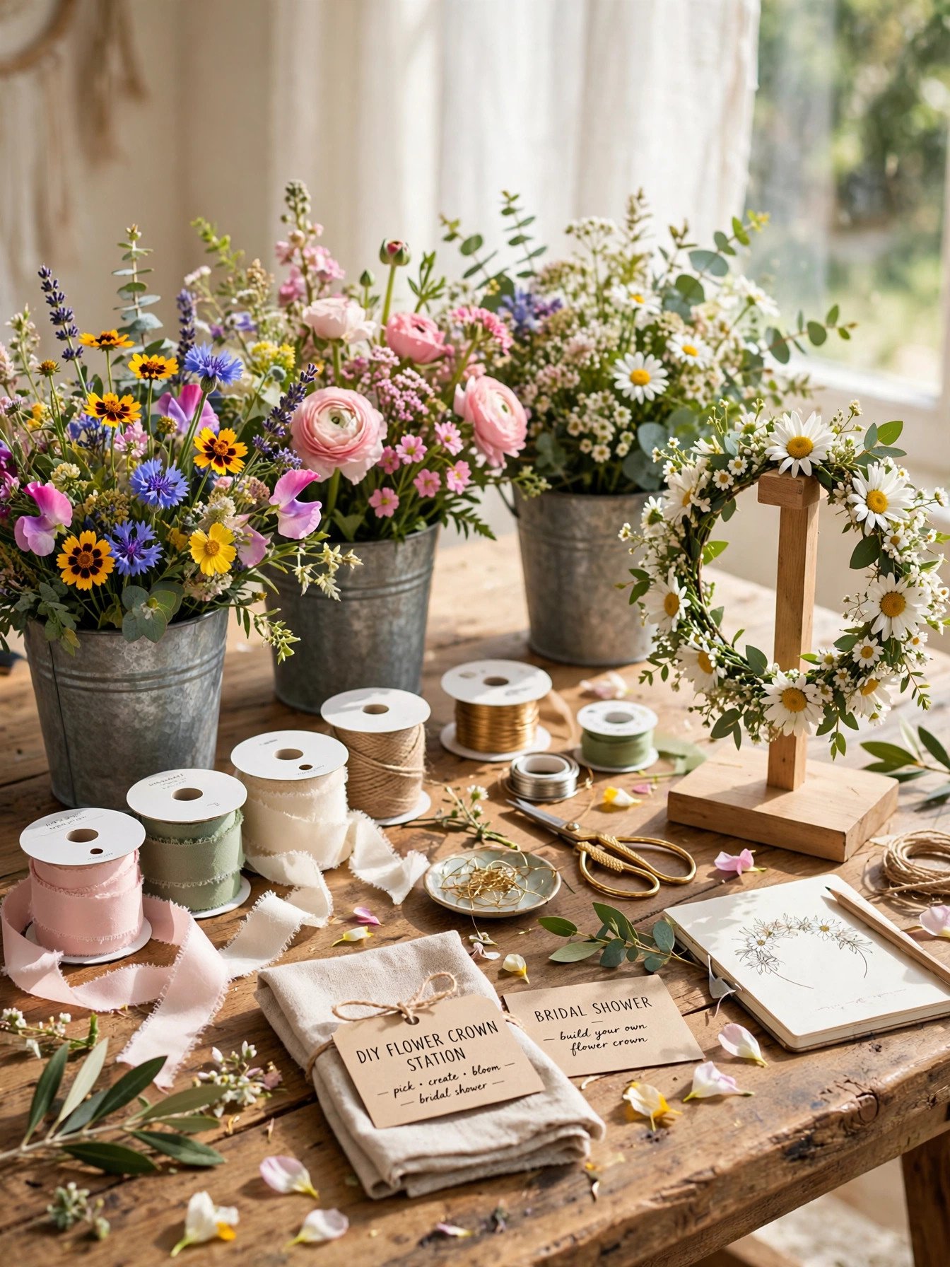 Flower crown making station with wildflowers and wire at a bridal shower