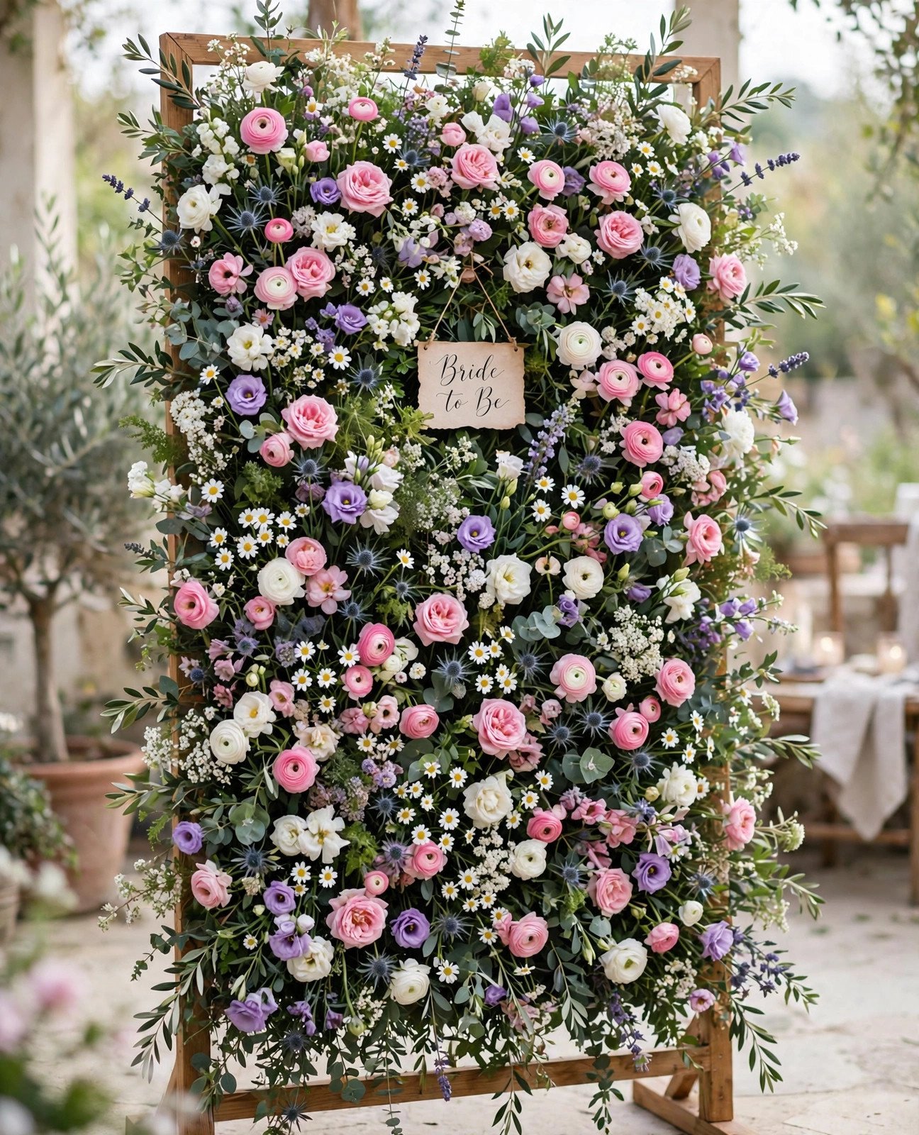 Wildflower photo backdrop wall of pink and white blooms at a bridal shower