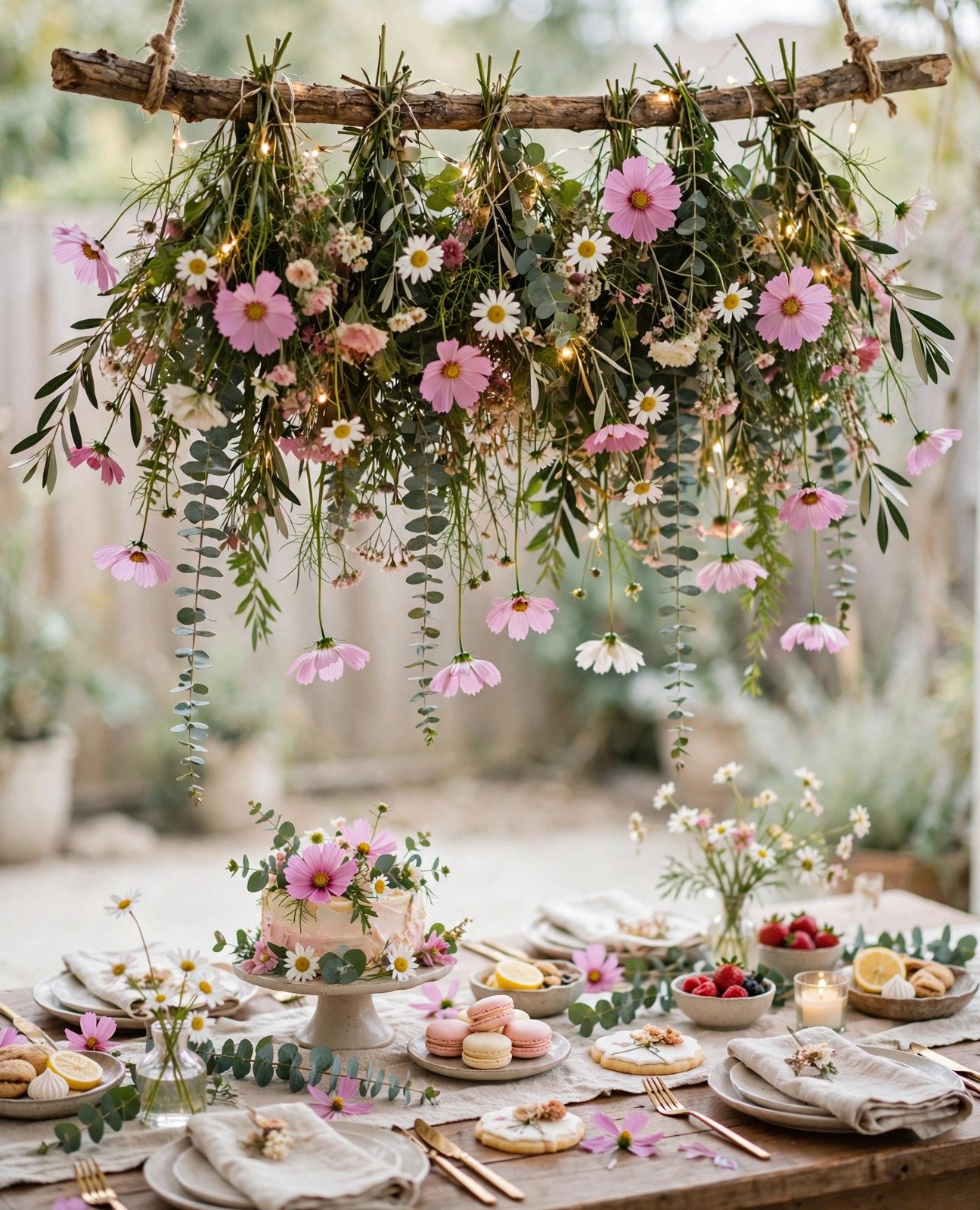 Hanging wildflower installation of blooms and greenery above a bridal shower table