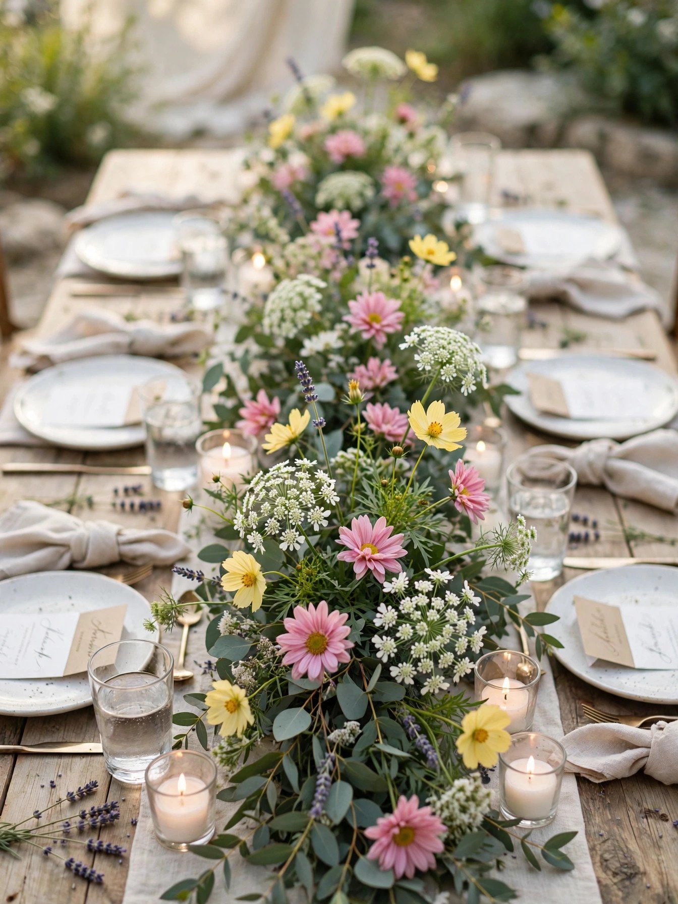 Wildflower table runner of loose blooms and greenery along a bridal shower table