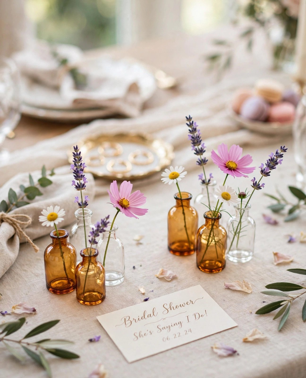 Clusters of bud vases with single wildflowers on a bridal shower table
