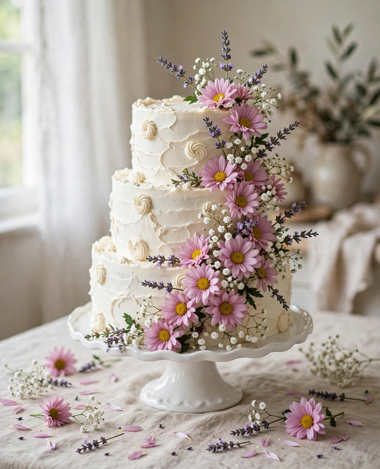 Bridal shower cake decorated with fresh wildflowers and pastel blooms