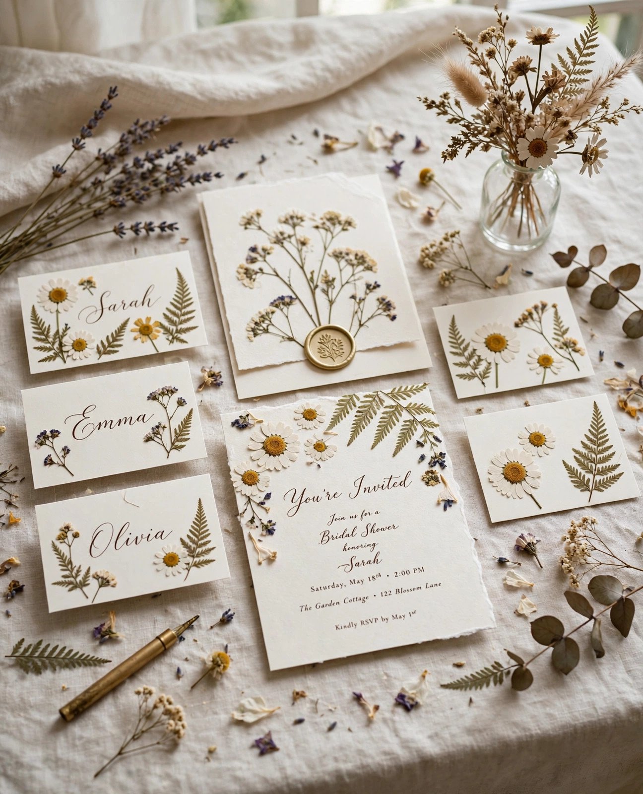 Pressed wildflower invitations and stationery for a bridal shower