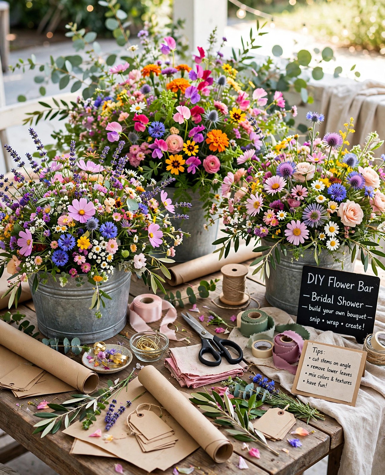 DIY flower bar with buckets of wildflowers for bridal shower guests