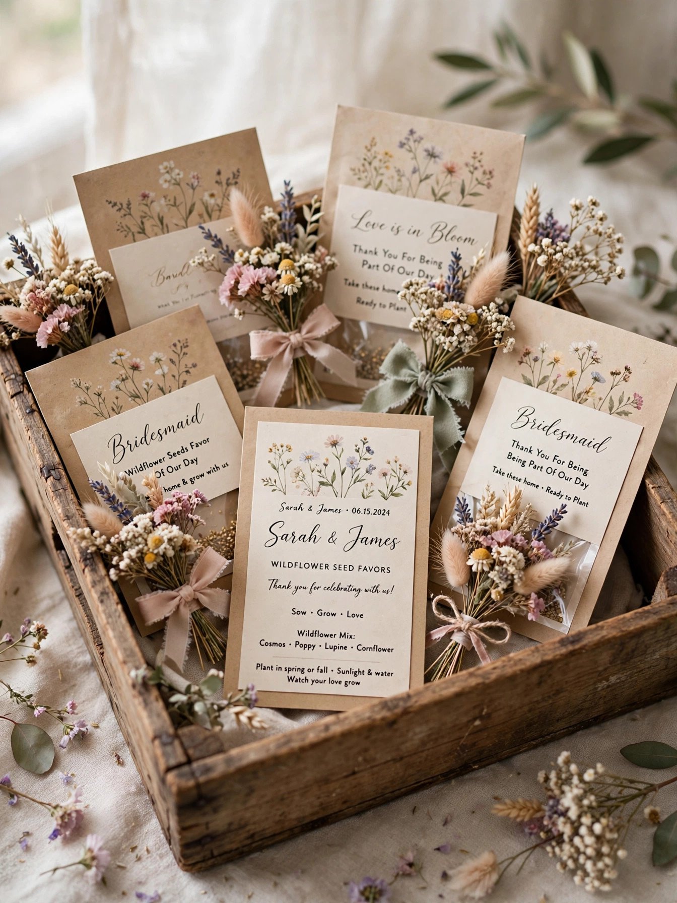 Wildflower seed packets and mini bouquets as bridal shower favors