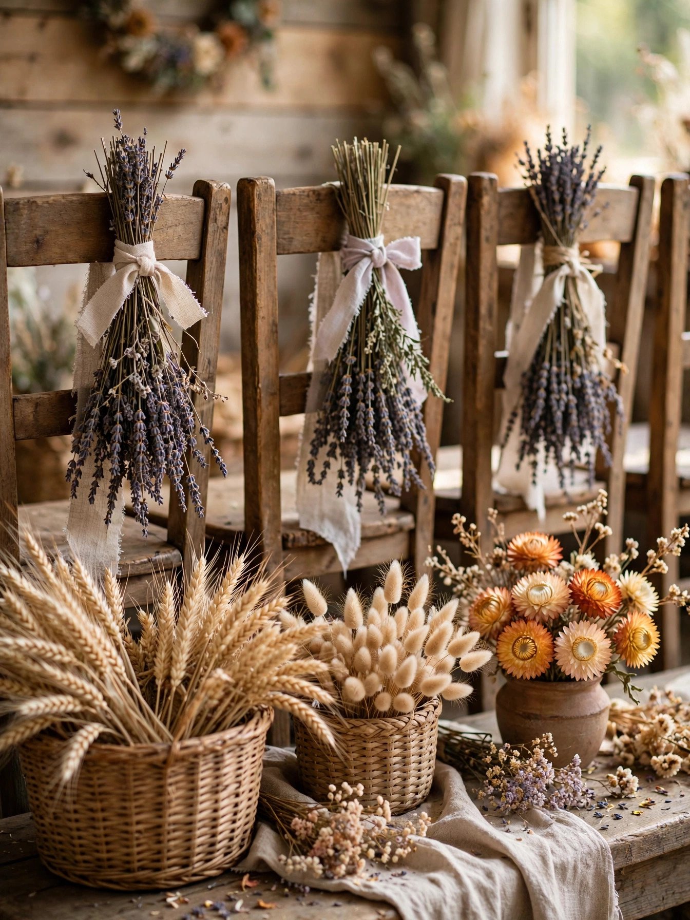 Dried wildflower arrangements and lavender bundles decorating a bridal shower