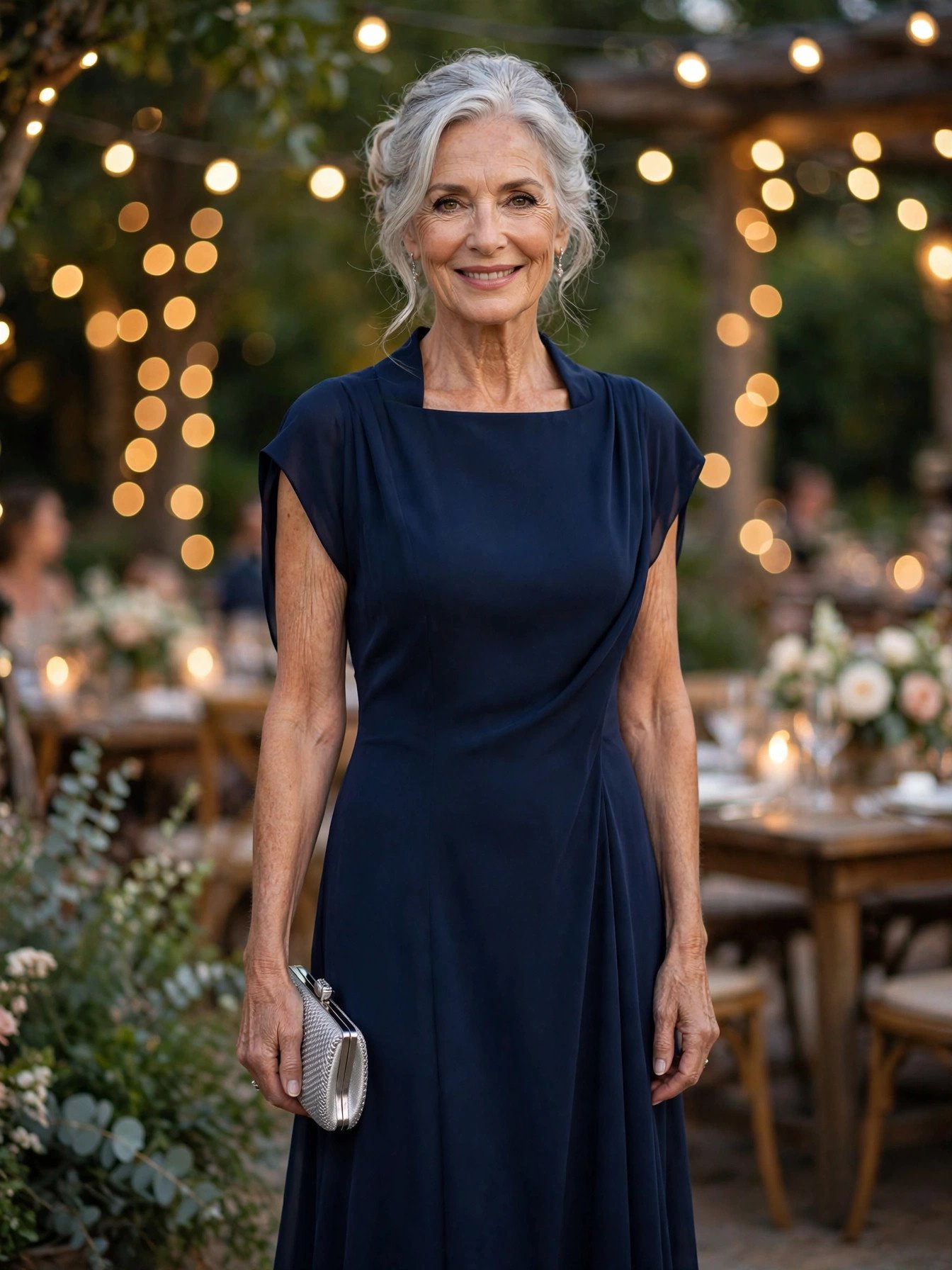 Elegant mature woman over 50 wearing a floor-length navy crepe formal gown