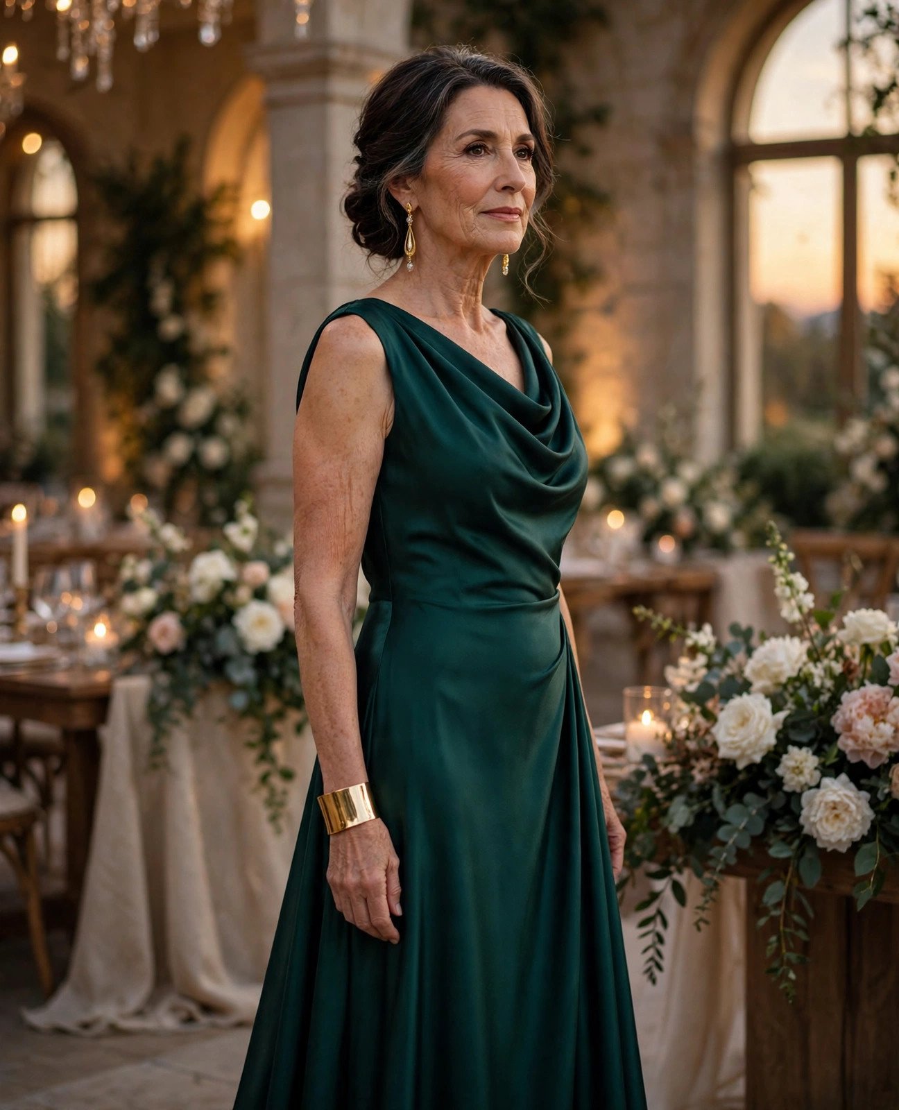 Mature woman over 50 in an emerald satin maxi gown at an evening wedding
