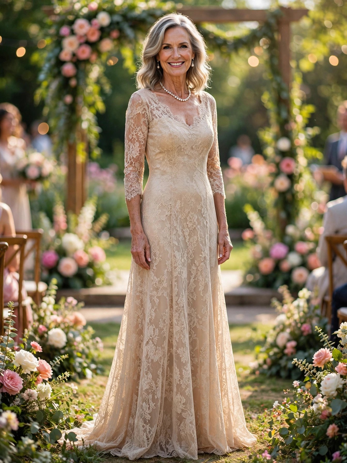 Mature woman over 50 wearing a champagne Chantilly lace formal gown