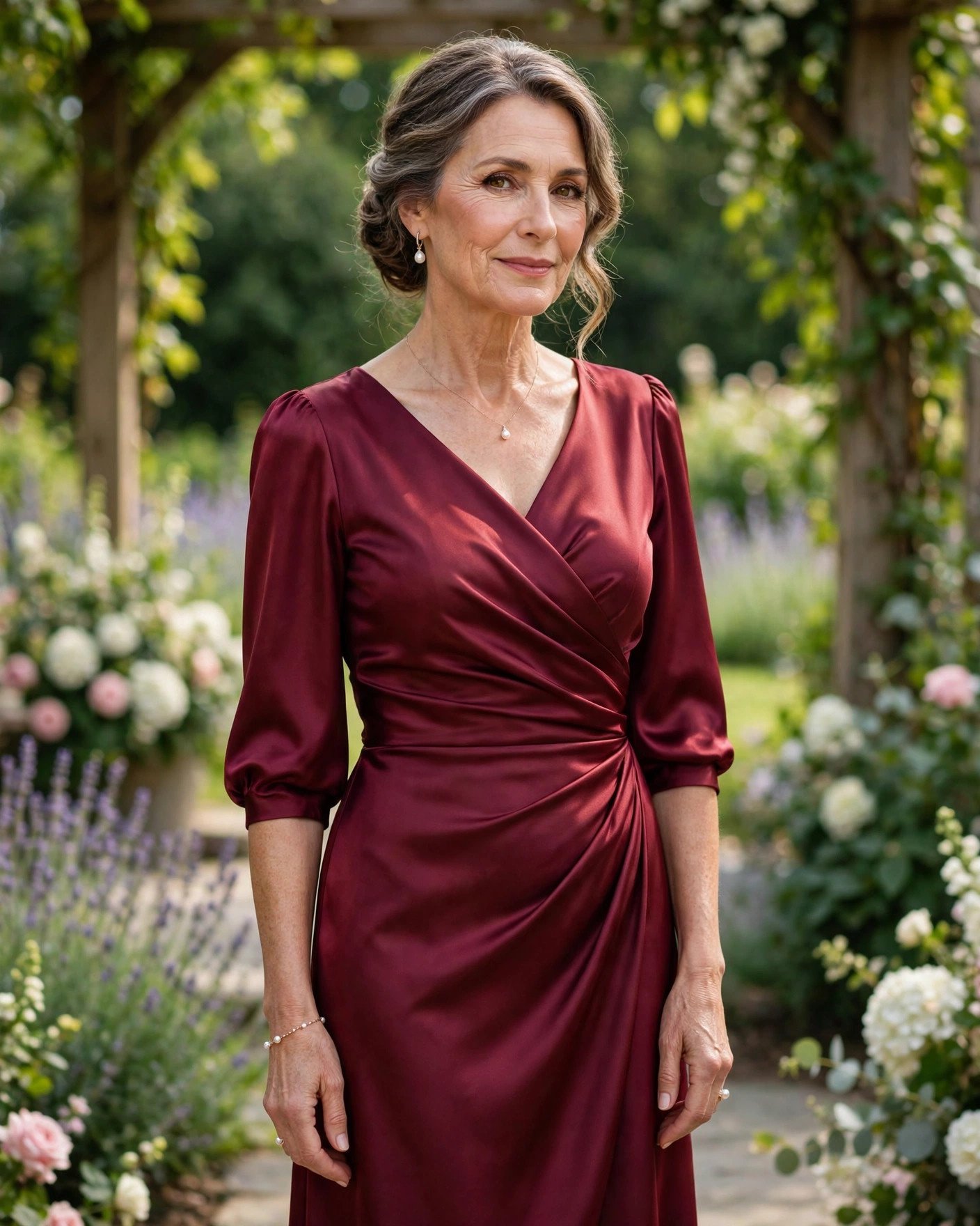 Mature woman over 50 in a burgundy duchess satin formal midi dress