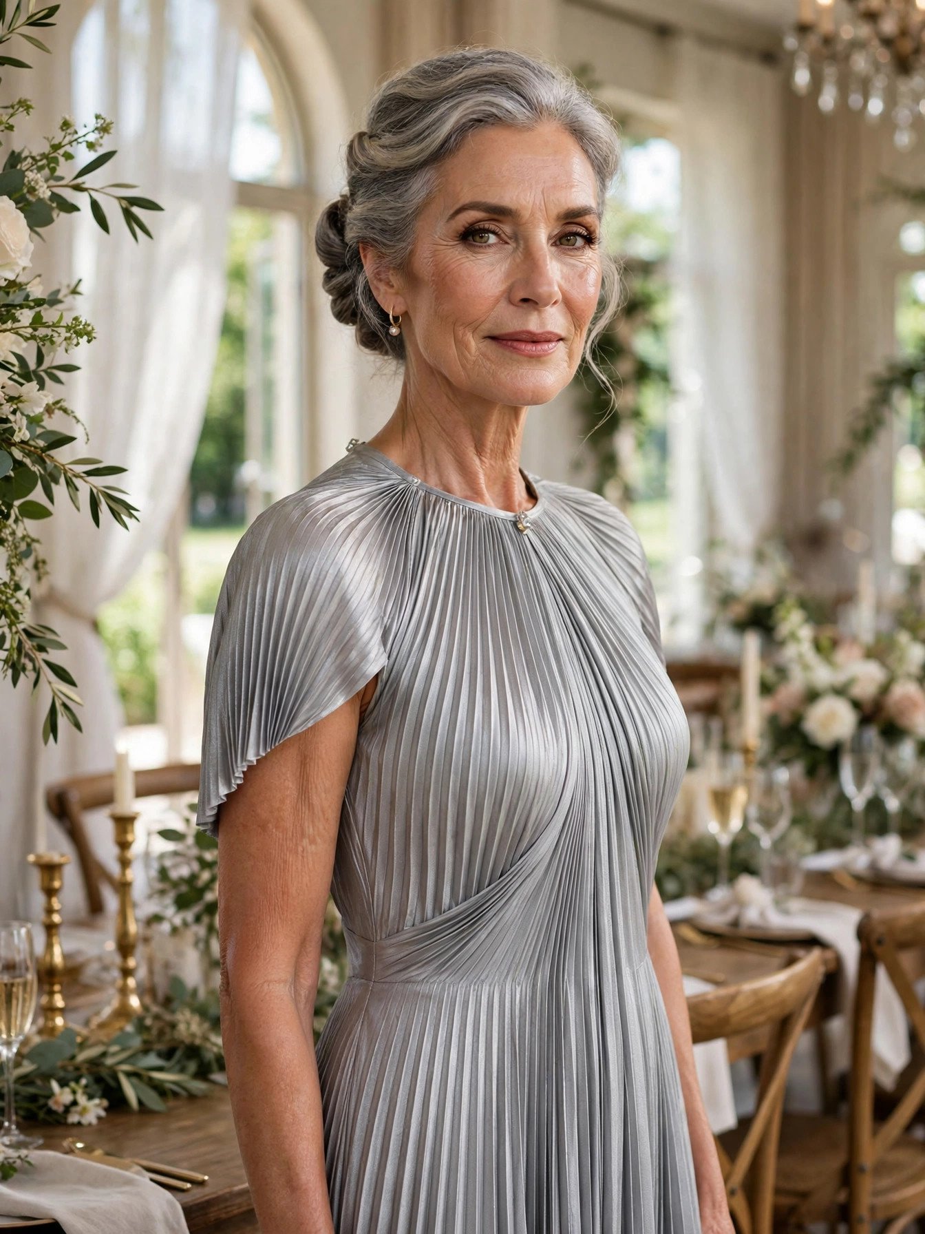 Mature woman over 50 wearing a silver pleated chiffon formal gown