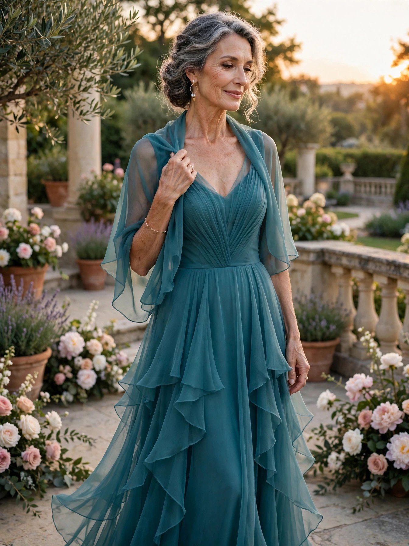 Mature woman over 50 in a flowing teal chiffon formal gown