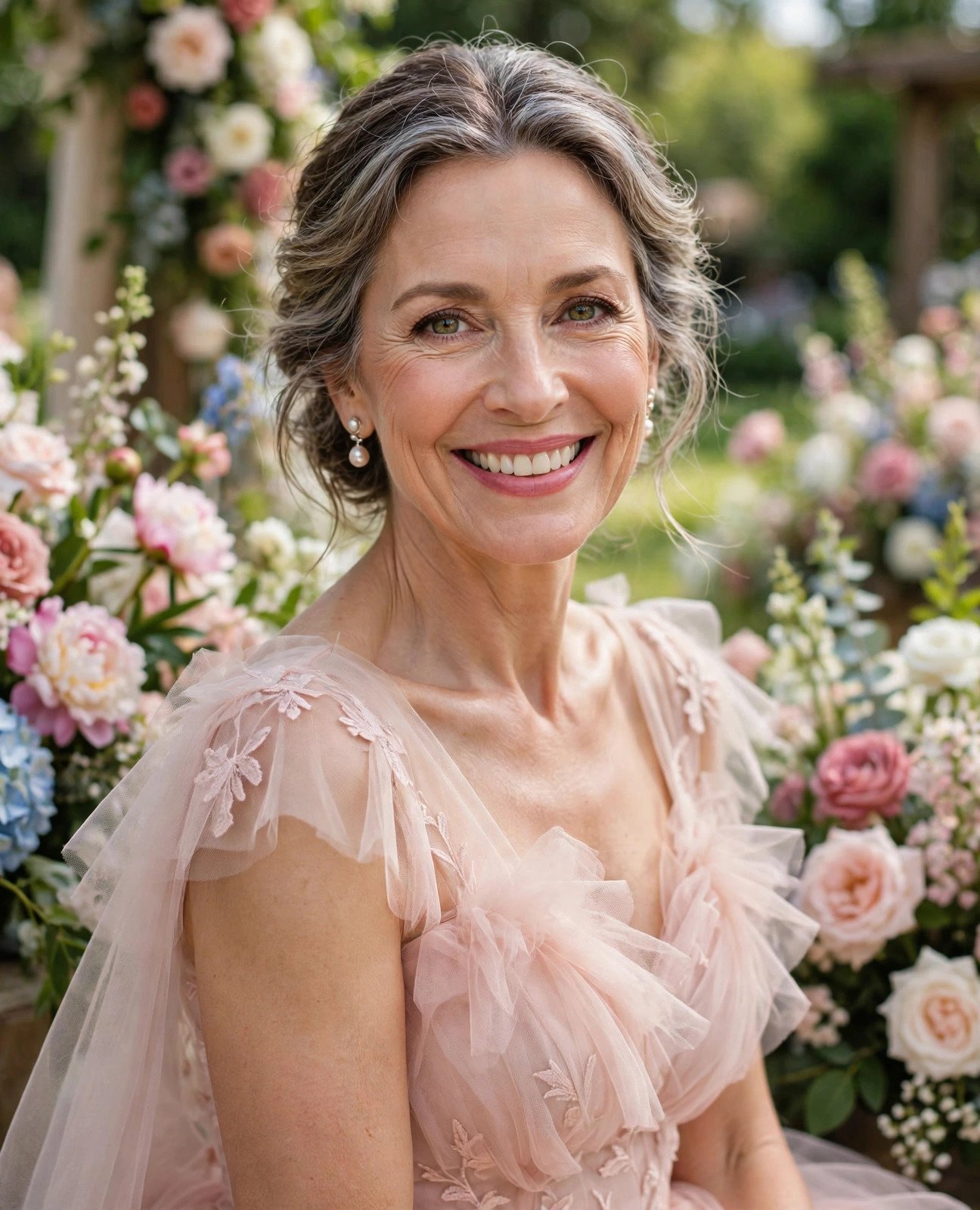 Mature woman over 50 wearing a blush tulle formal dress