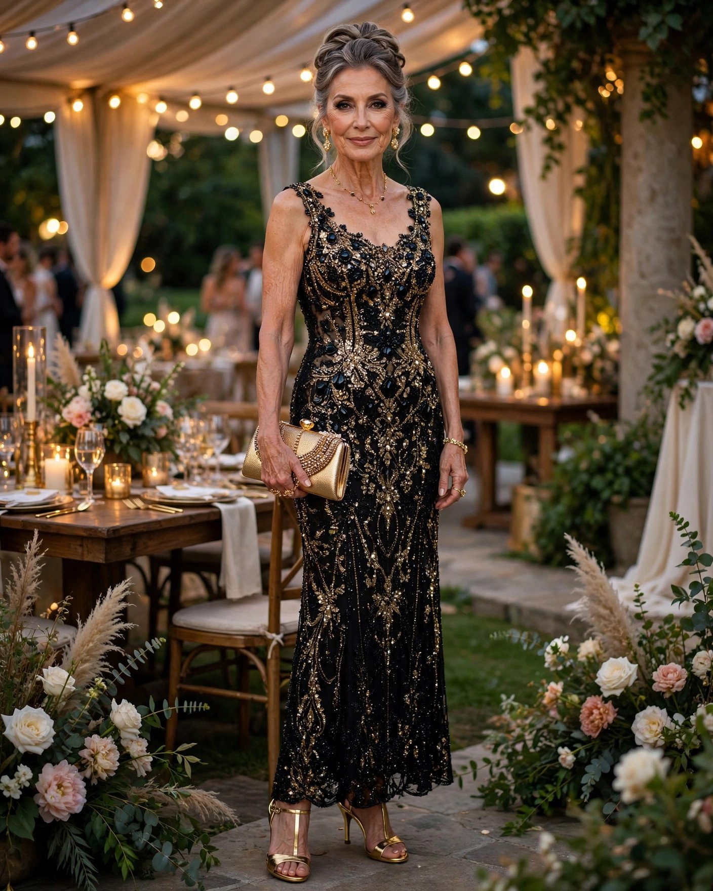 Mature woman over 50 in a black beaded evening gown with gold accessories