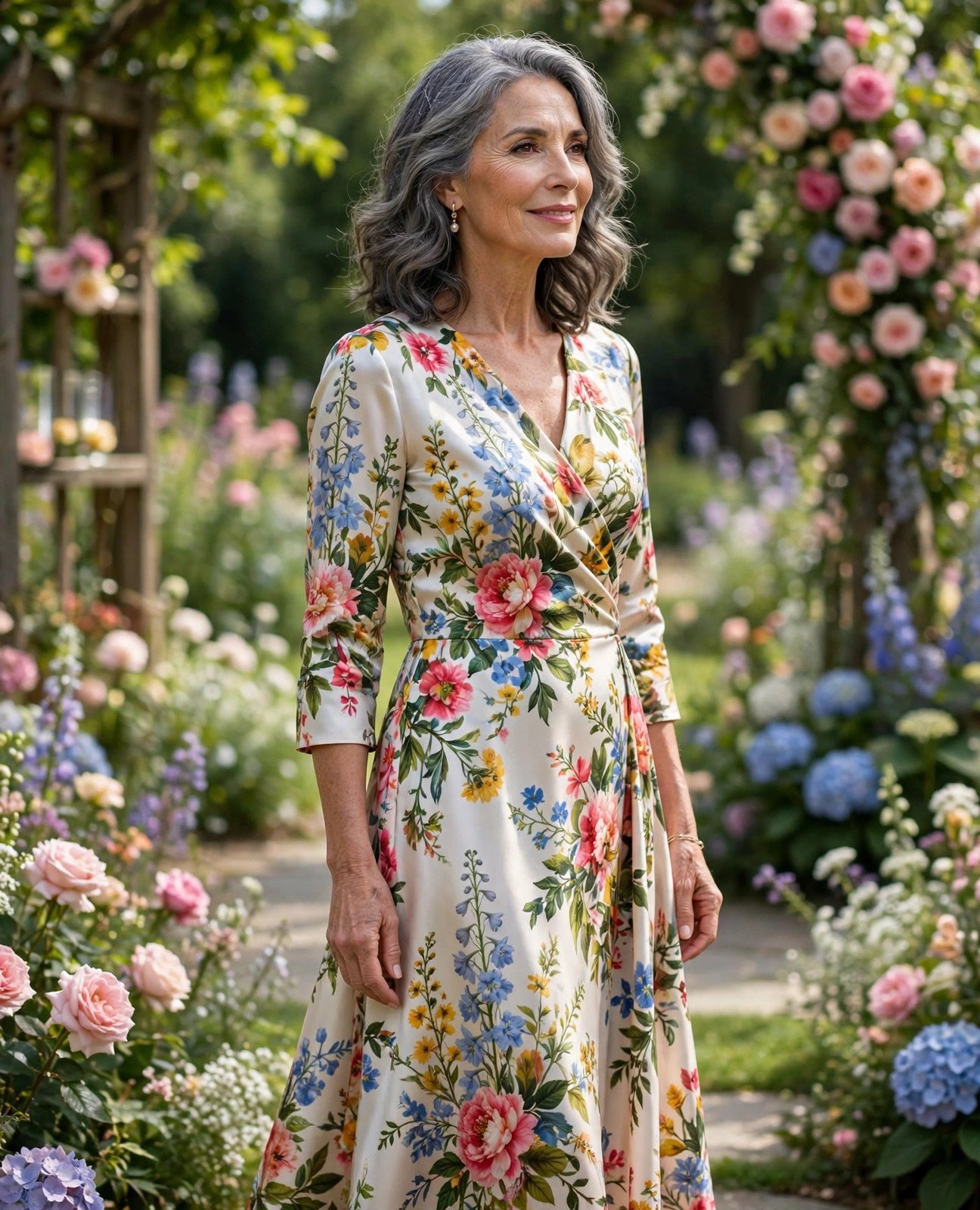 Mature woman over 50 wearing a floral formal maxi dress in a silk blend