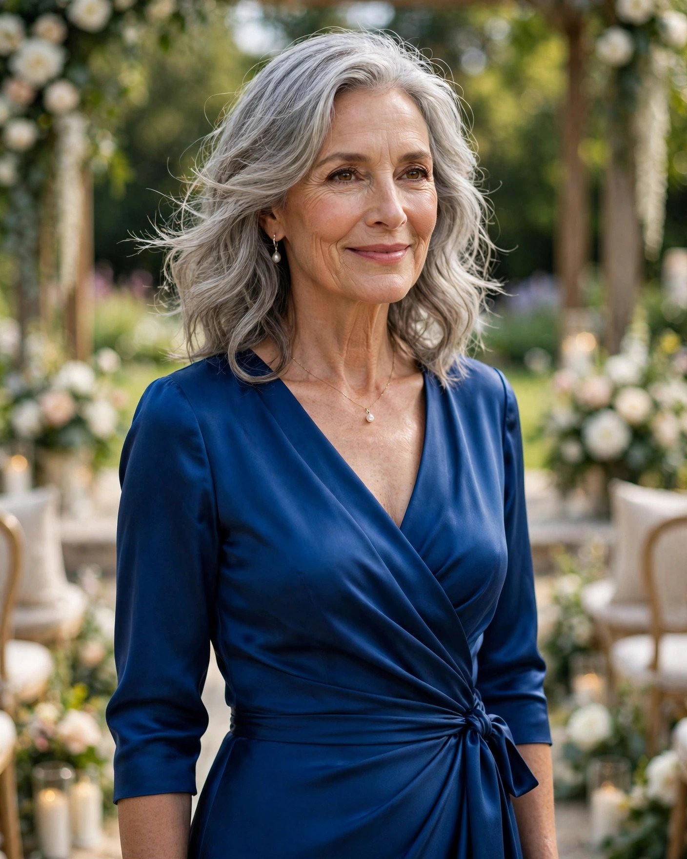 Mature woman over 50 in a sapphire blue wrap gown