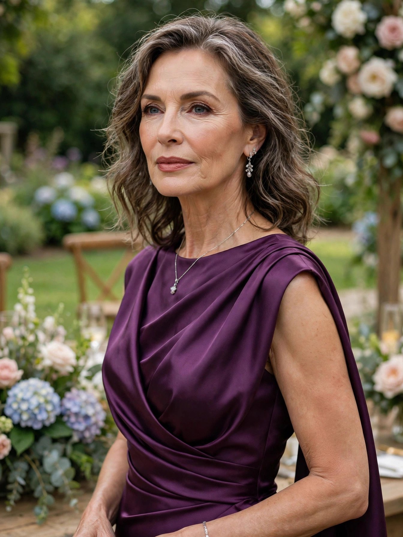 Mature woman over 50 in a plum liquid satin formal dress