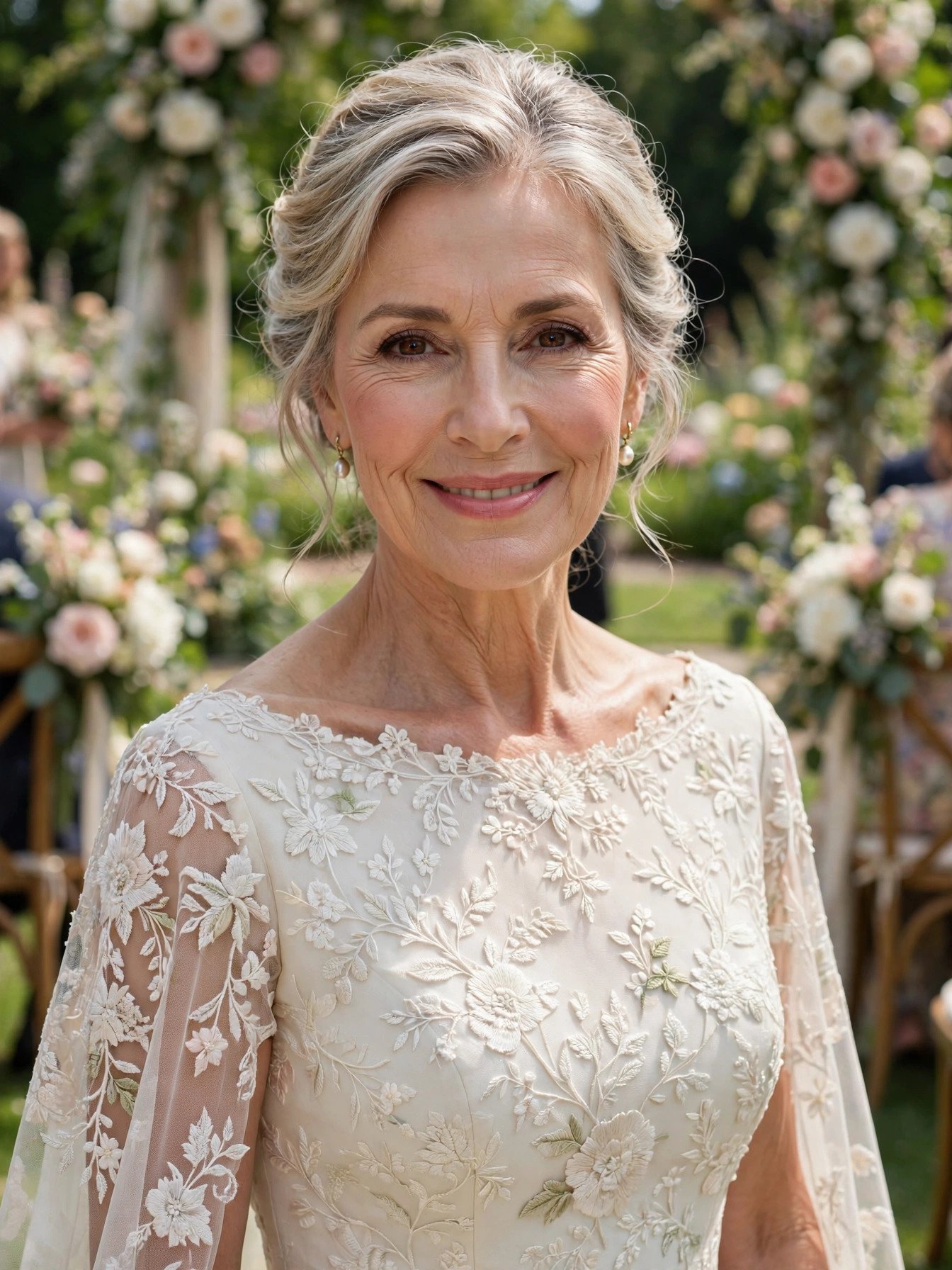 Mature woman over 50 in an ivory embroidered floral formal gown