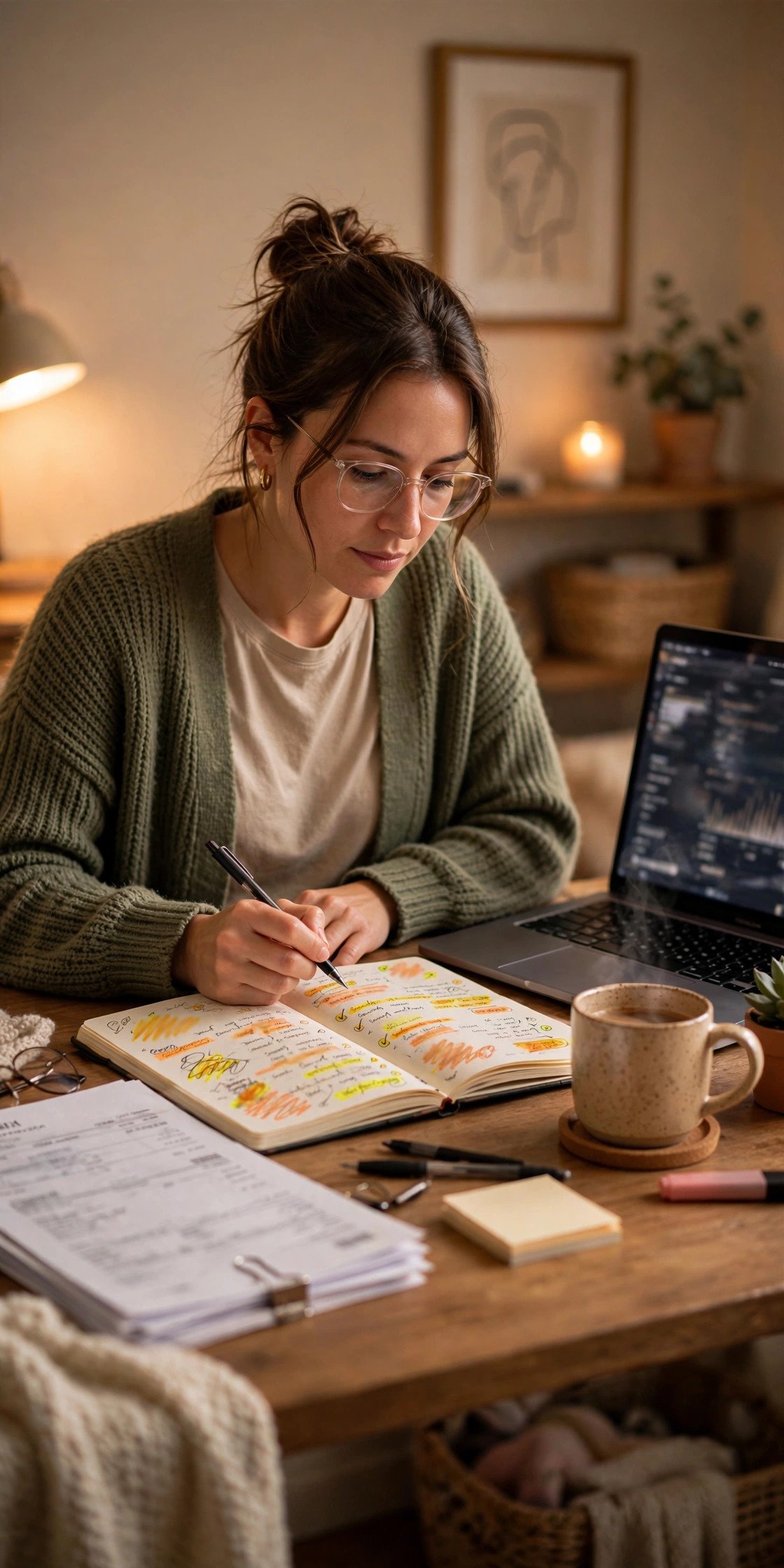Person reviewing subscription charges and bank statements on a laptop at a home desk