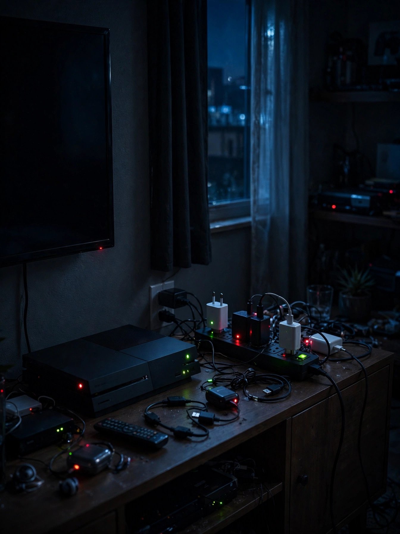 Electronics on standby with glowing standby lights in a dark room at night