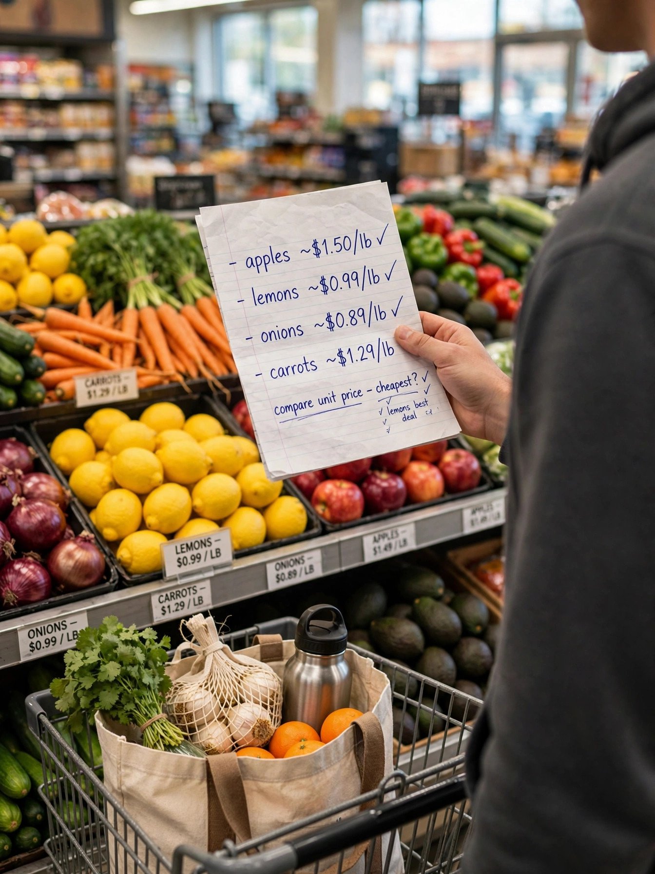 Smart grocery shopping with a list, comparing prices at a supermarket shelf