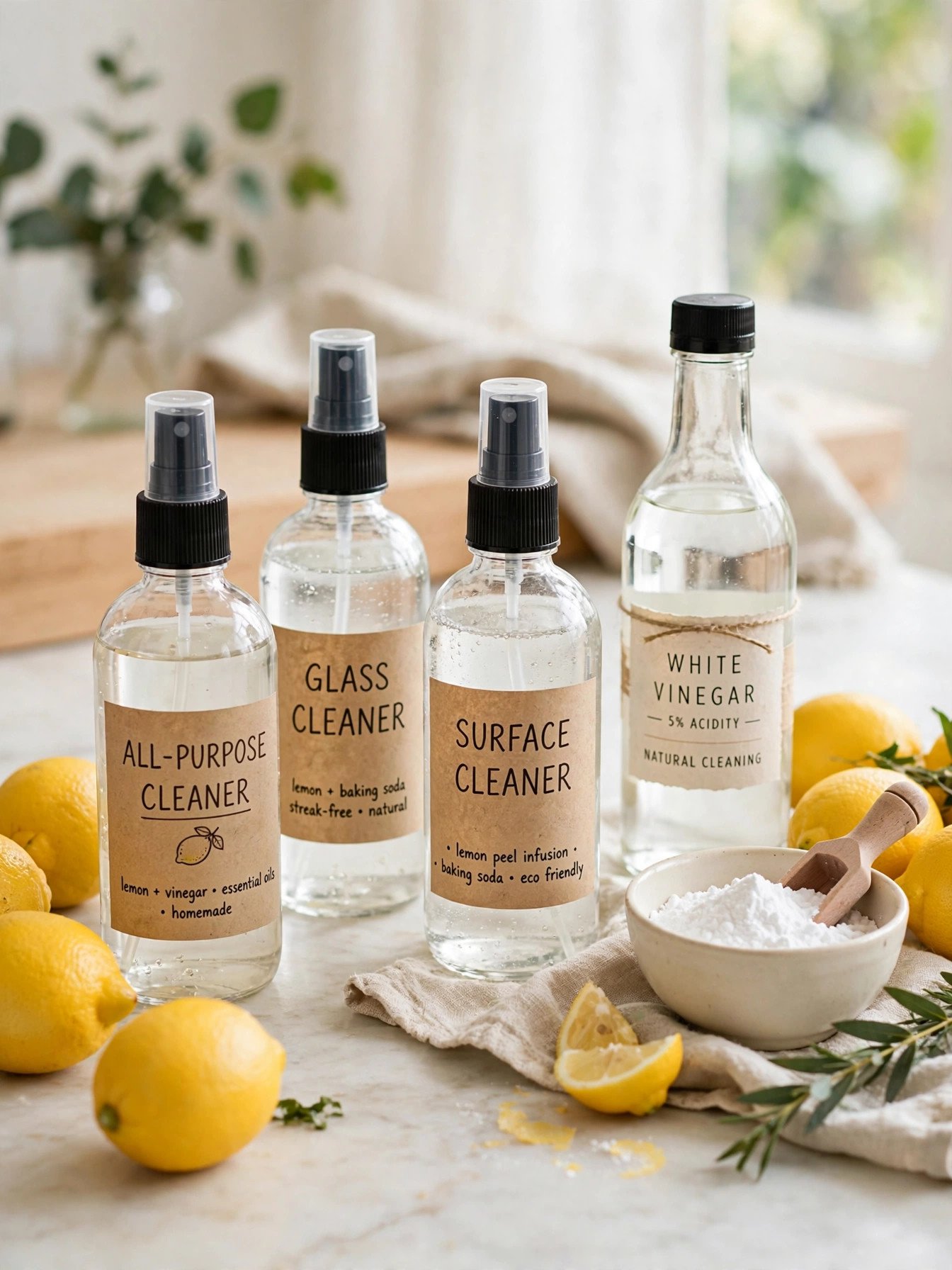 Homemade cleaning products in labeled spray bottles with lemon, vinegar and baking soda