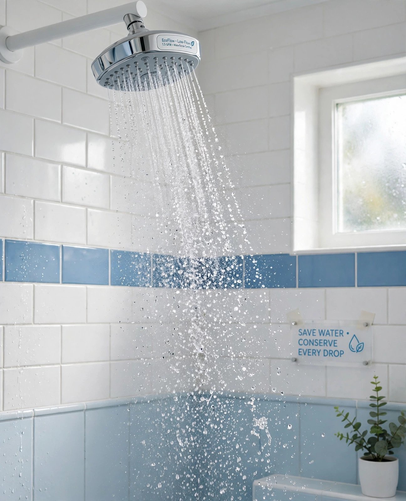 Water-saving low-flow showerhead and bathroom fixtures in a modern bathroom