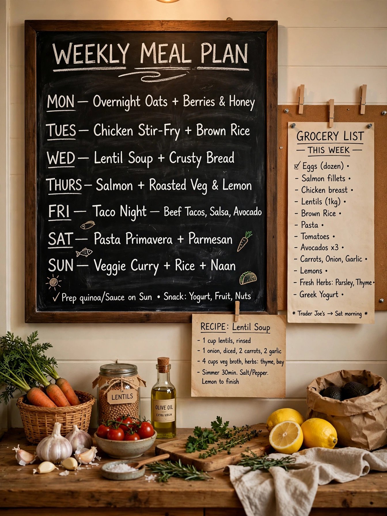 Weekly meal plan written on a kitchen board with recipes and a grocery list