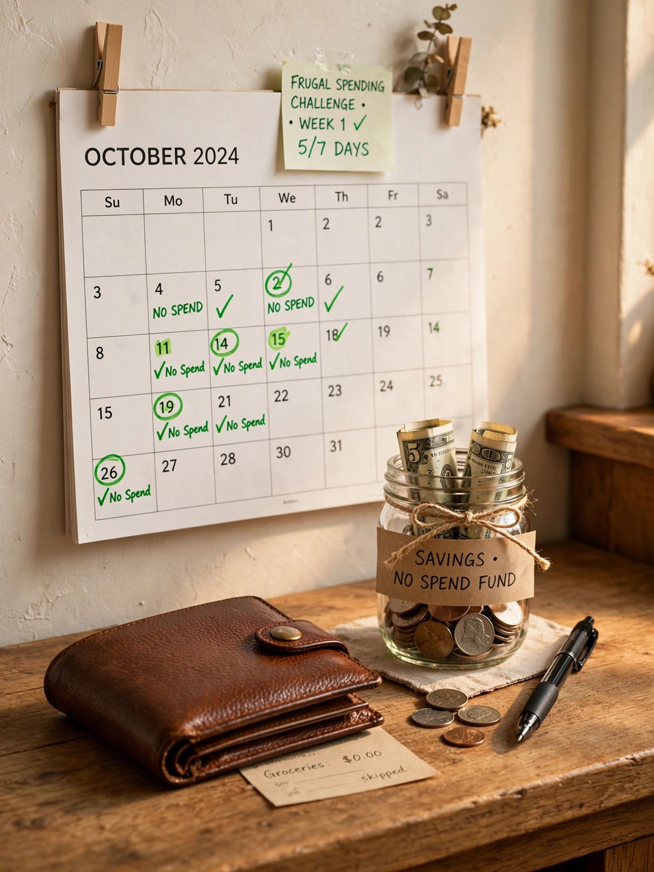 Closed wallet next to a calendar with no-spend days marked in green