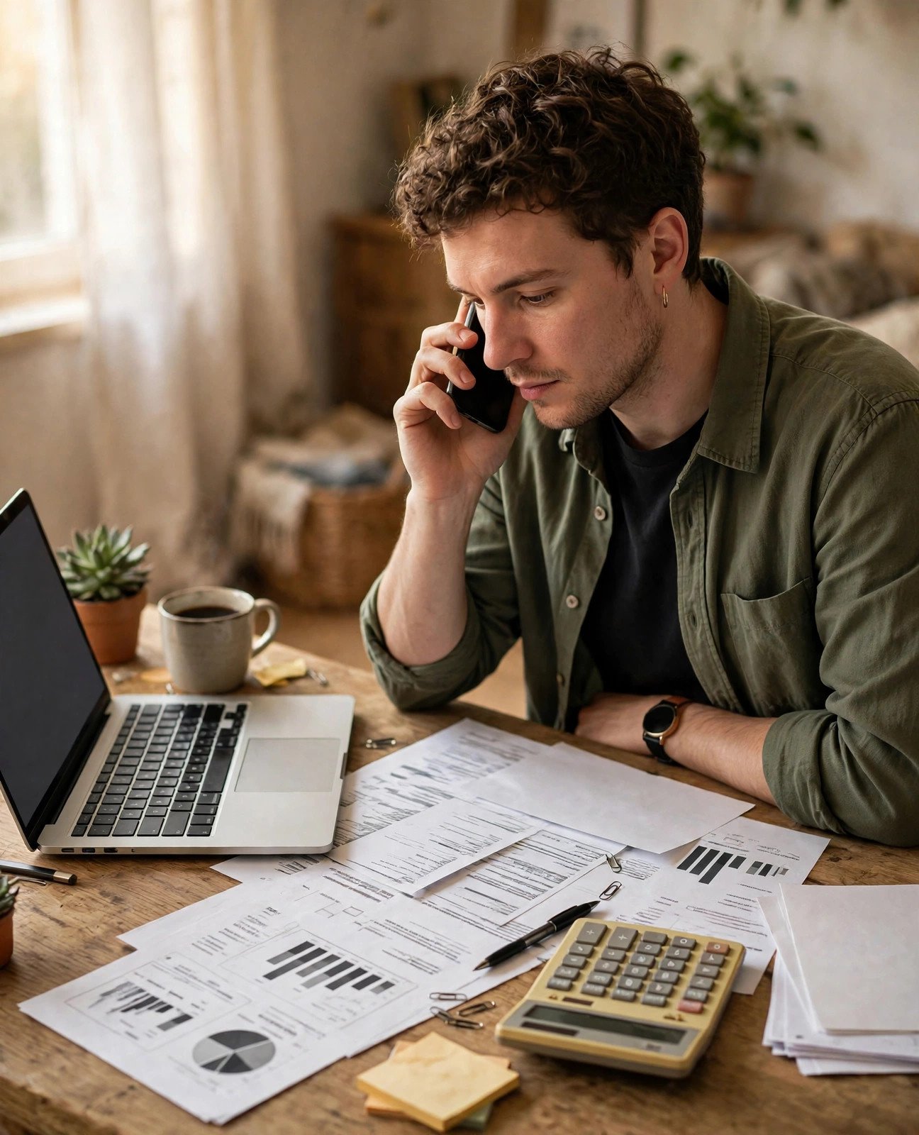 Person on a phone call negotiating household bills with paperwork and a laptop