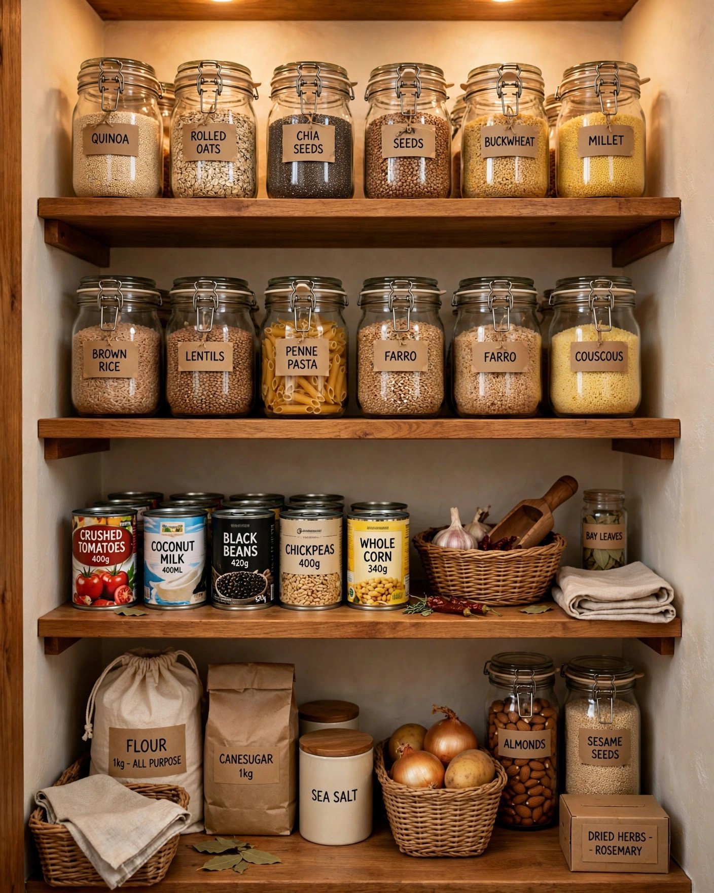 Well-organized pantry shelves stocked with jars, cans and dry goods