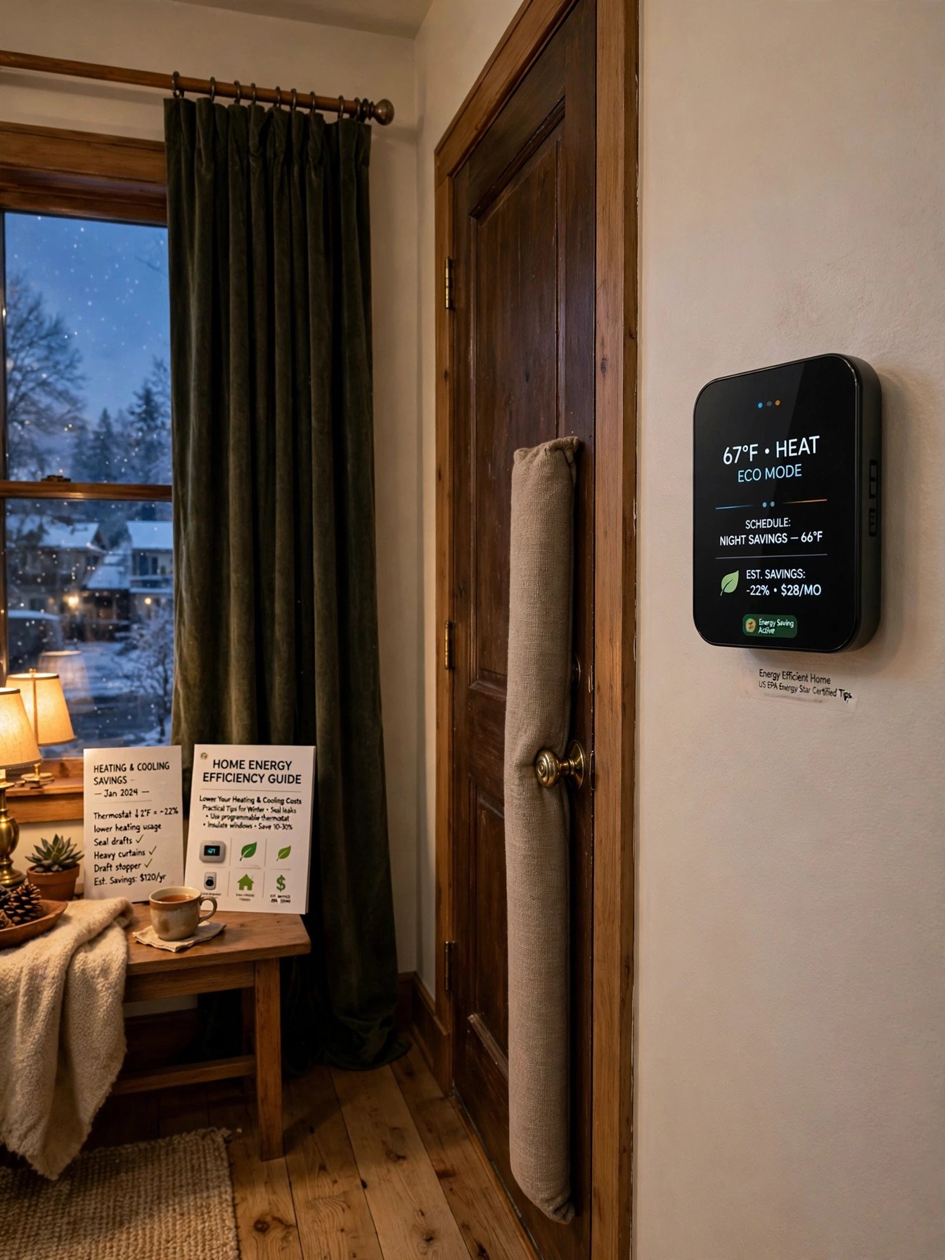 Thermostat, heavy curtains and a draft stopper keeping a home energy efficient