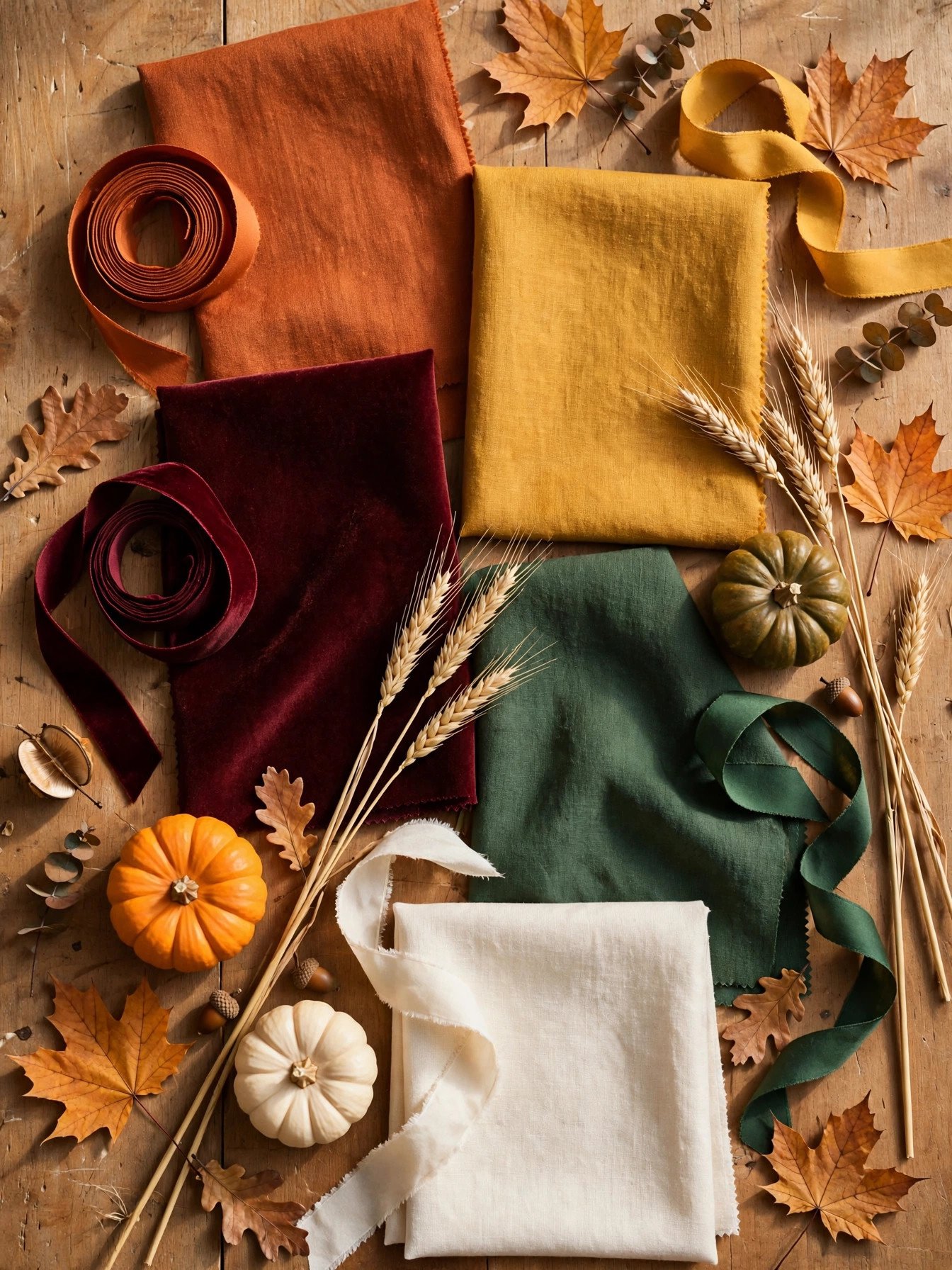 Fall color palette flat lay with fabric swatches, leaves and pumpkins in burnt orange, mustard and burgundy