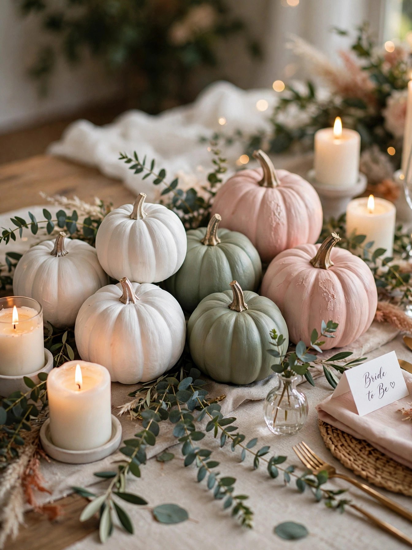 Elegant white and blush pumpkin centerpieces with candles on a bridal shower table