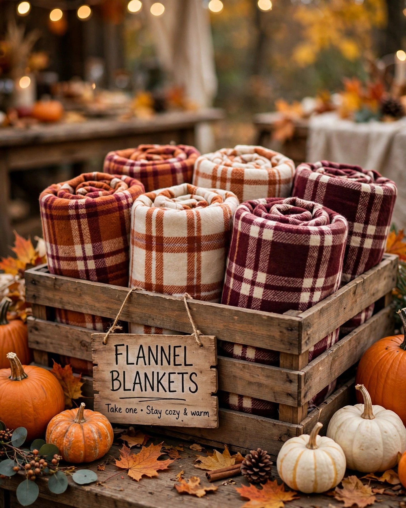 Basket of folded plaid flannel blankets at a fall bridal shower blanket station