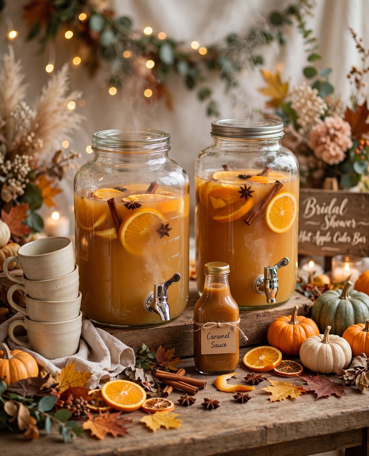 Hot apple cider bar with glass dispensers, mugs and cinnamon sticks at a fall shower