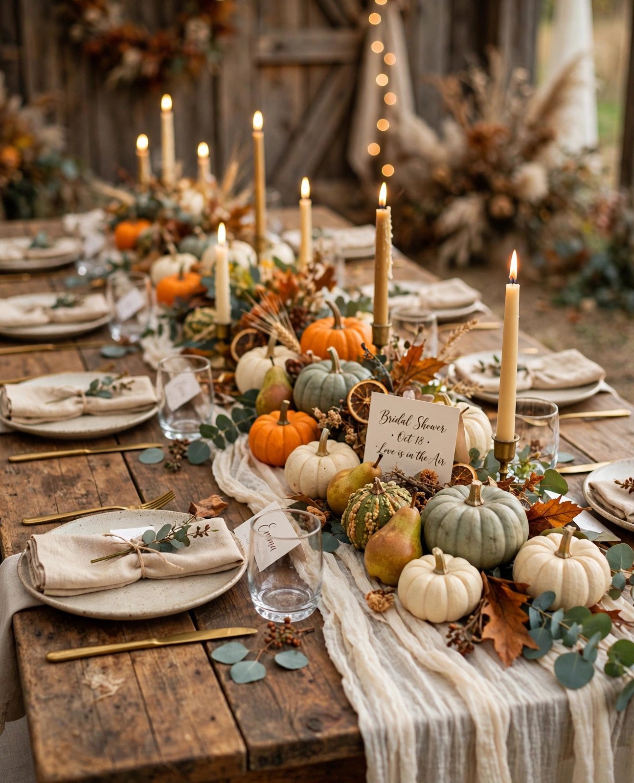 Harvest tablescape with pumpkins, gourds, candles and rustic place settings