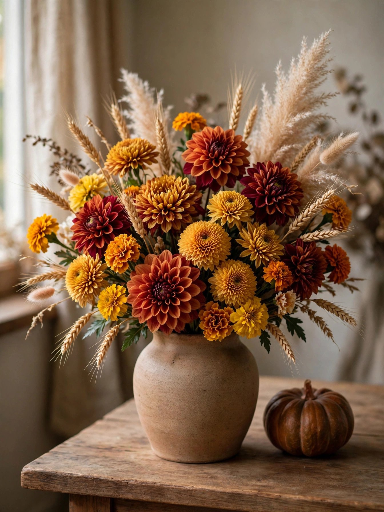 Fall floral arrangement with dahlias, mums and eucalyptus in warm autumn tones