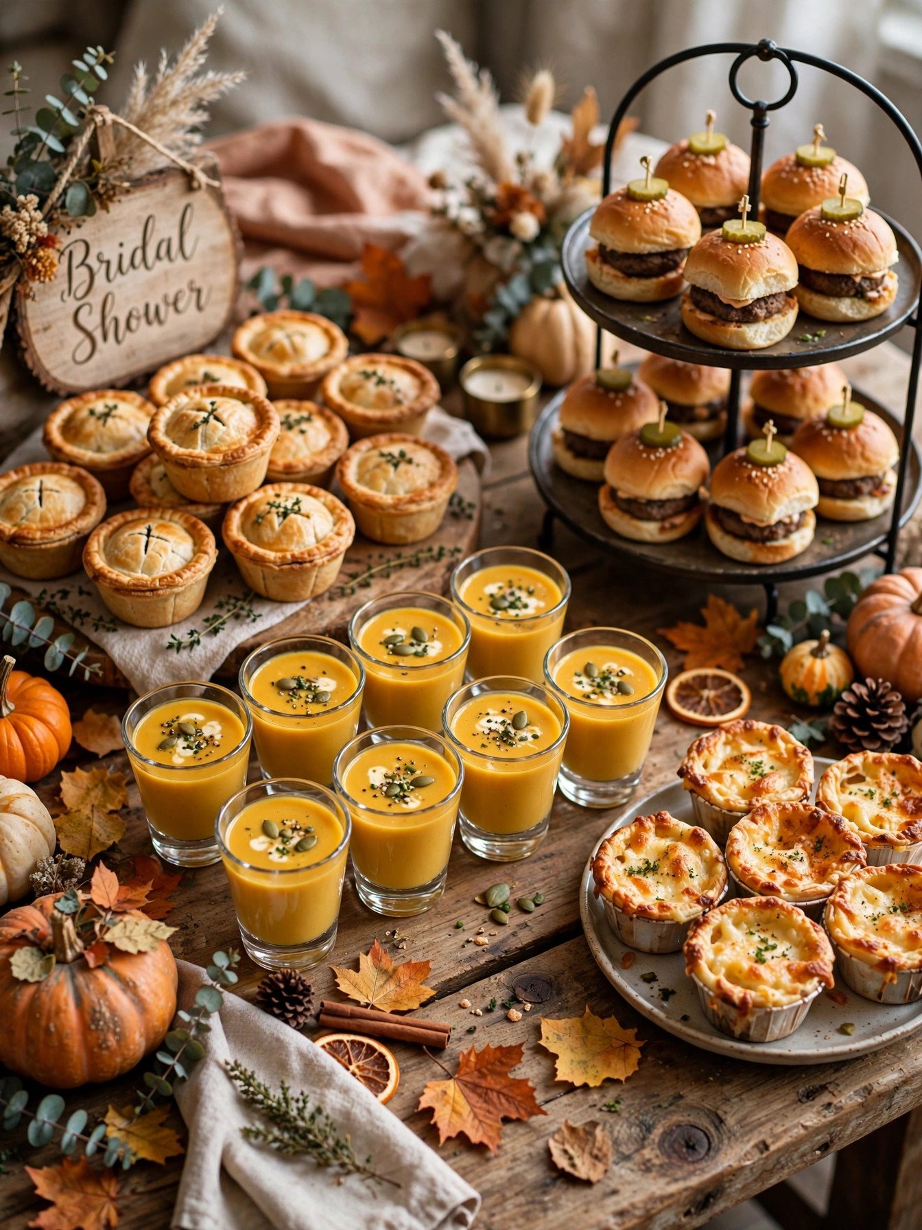 Comfort food buffet with mac and cheese, soup and sliders at a fall bridal shower