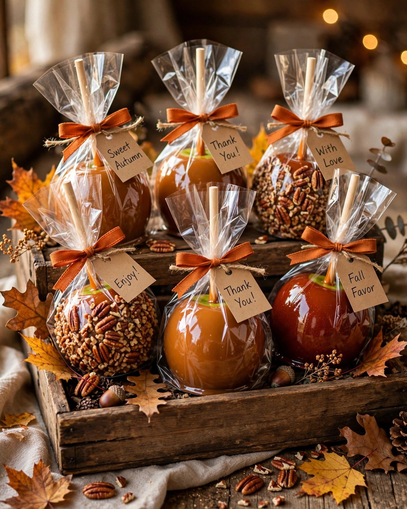 Caramel apples wrapped as party favors with personalized tags