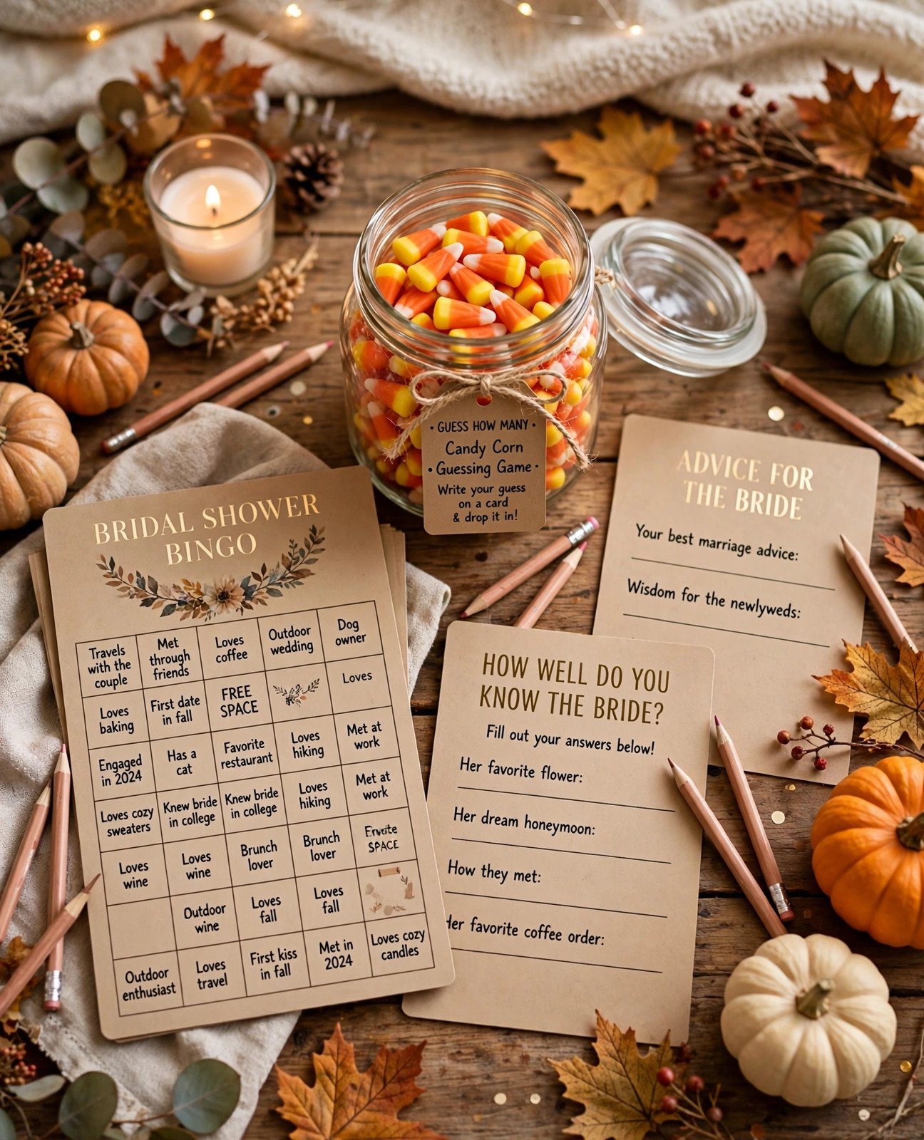 Bridal shower games table with printable game cards and mini pumpkins