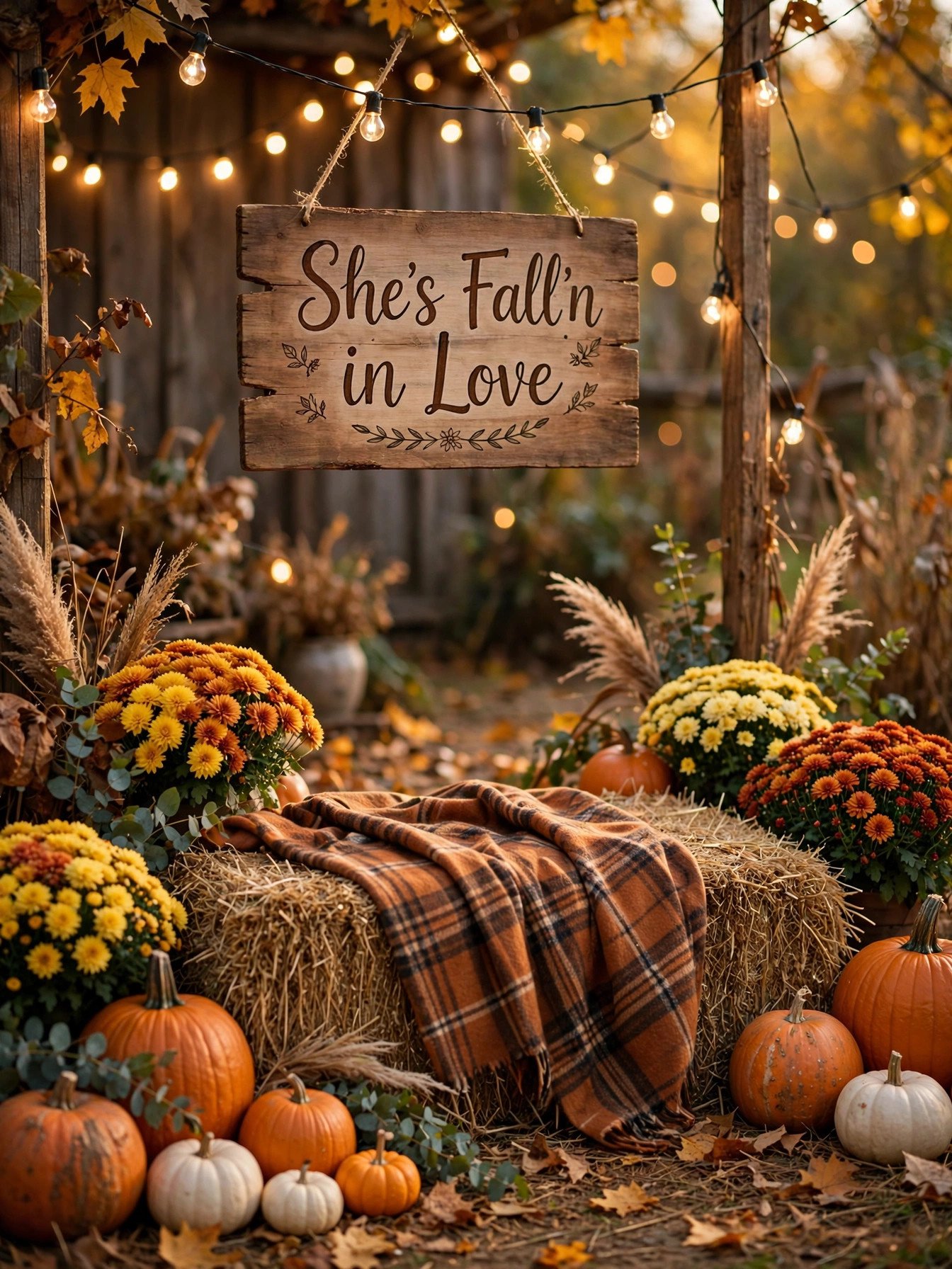 Cozy fall photo backdrop with hay bales, pumpkins and a She's Fall'n in Love sign