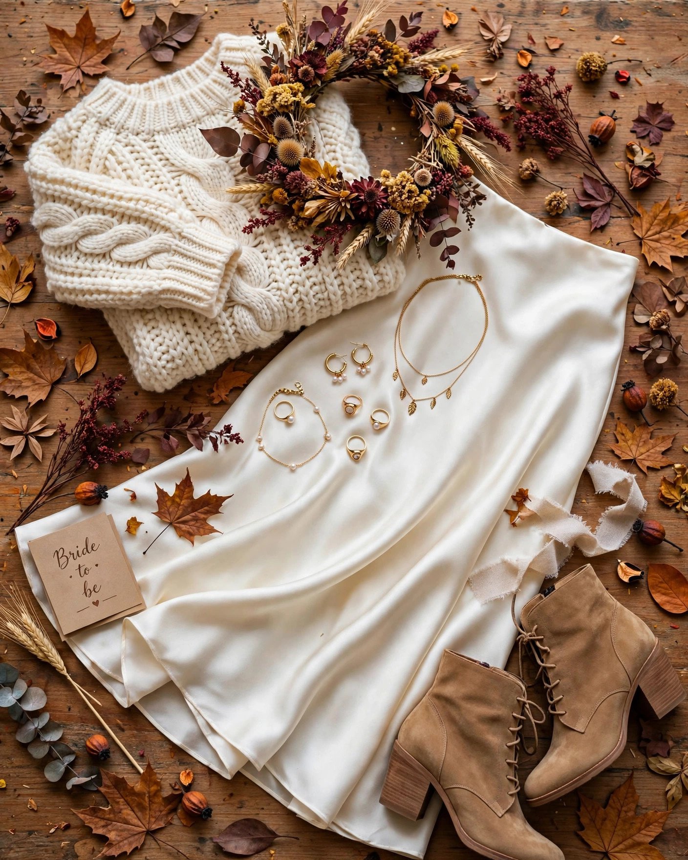 Bride-to-be in a fall outfit with a cozy sweater, skirt, boots and floral crown